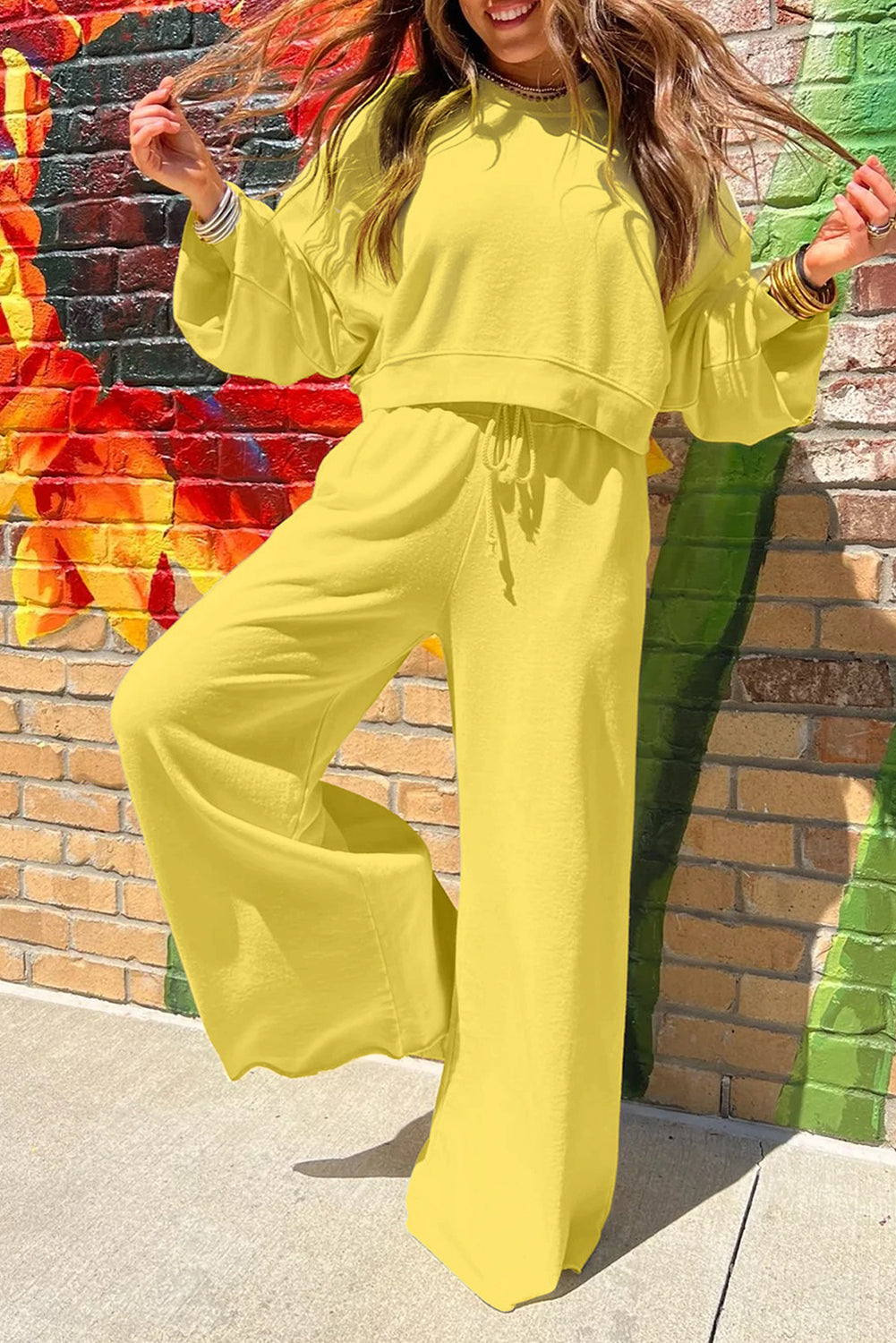 Bright Green Drop Shoulder Crop Pullover Drawstring Wide Leg Pants Set
