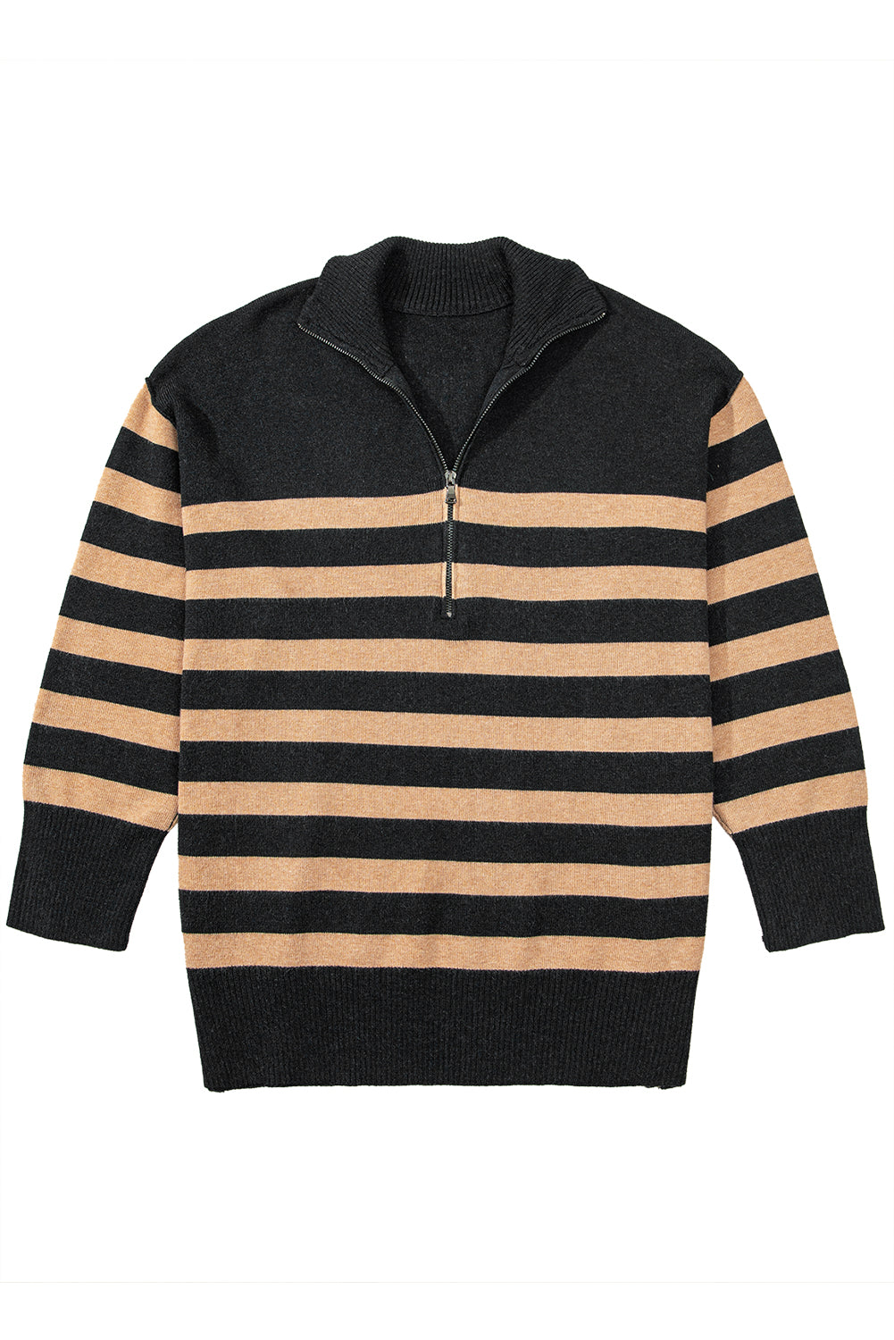Green Striped Collared Quarter Zip Oversized Sweater