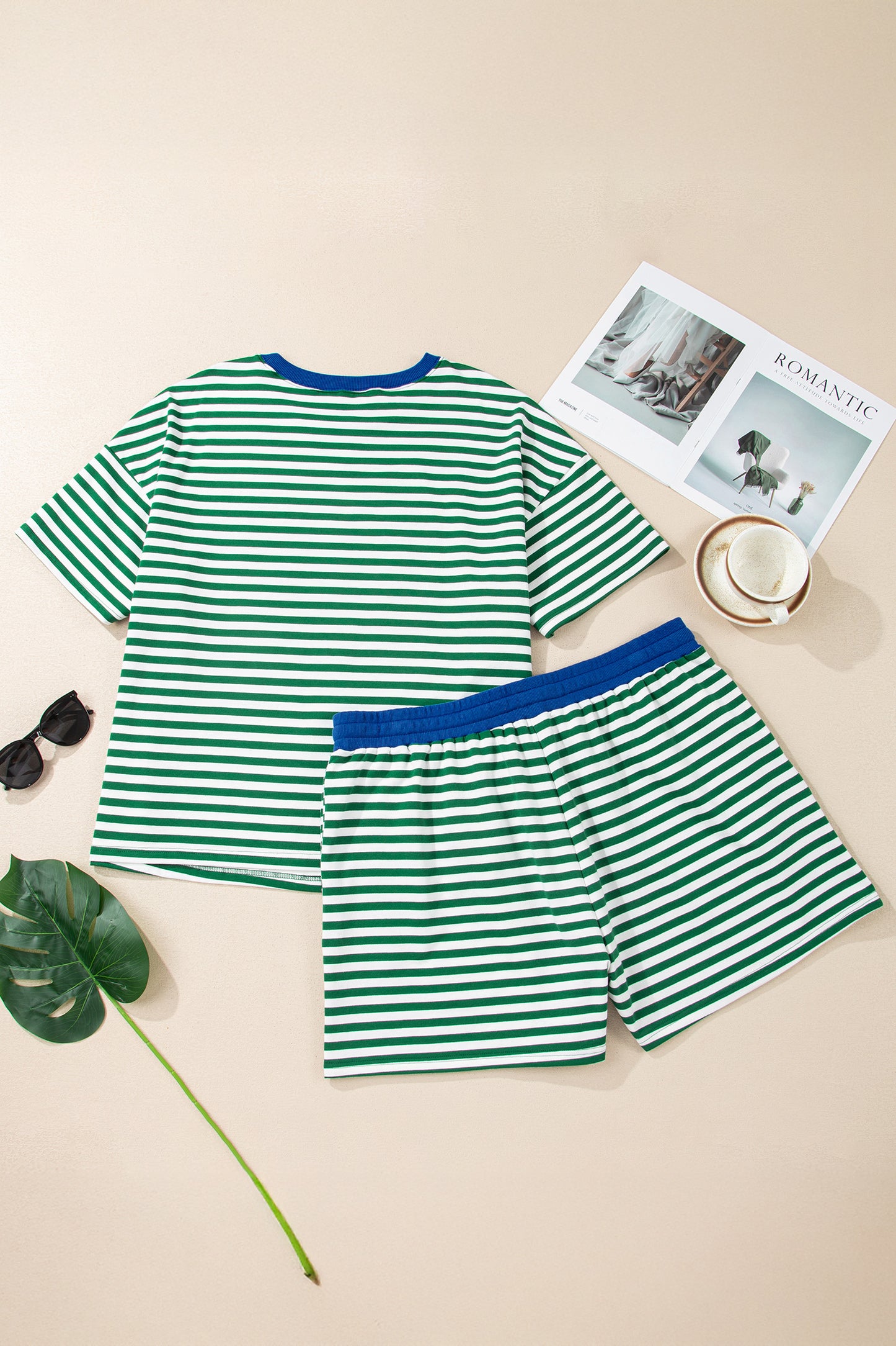 Rose Stripe Boxy Tee Drawstring Elastic Waist Plus Size Short Set