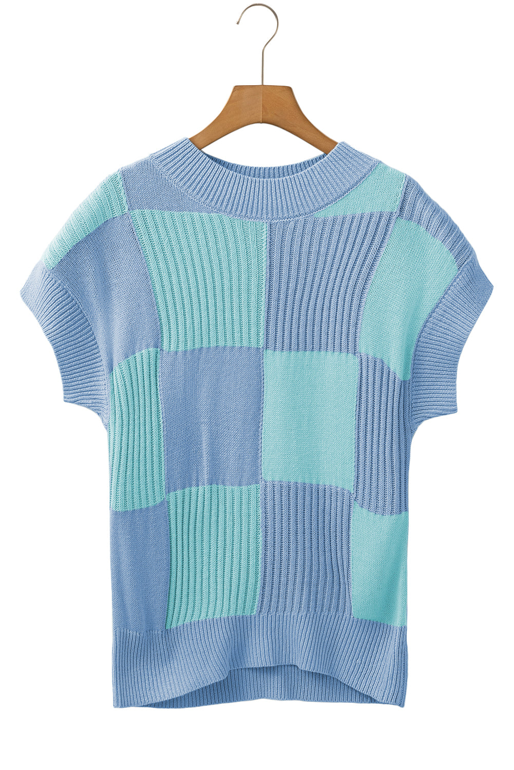 Khaki Checkered Color Block Crew Neck Short Sleeve Sweater. **PRE-ORDER SHIP 9/25/25