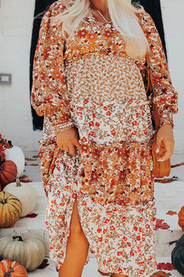 Khaki Plus Size Frill Tiered High Waist Floral Dress