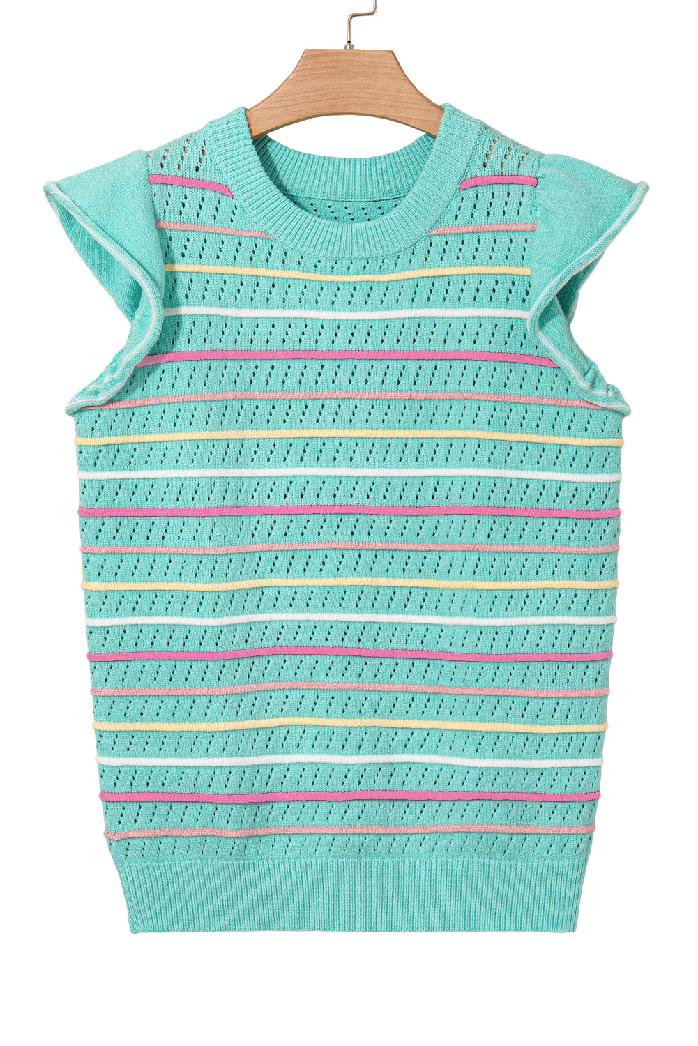Oatmeal Colorful Striped Eyelet Knit Ruffle Top