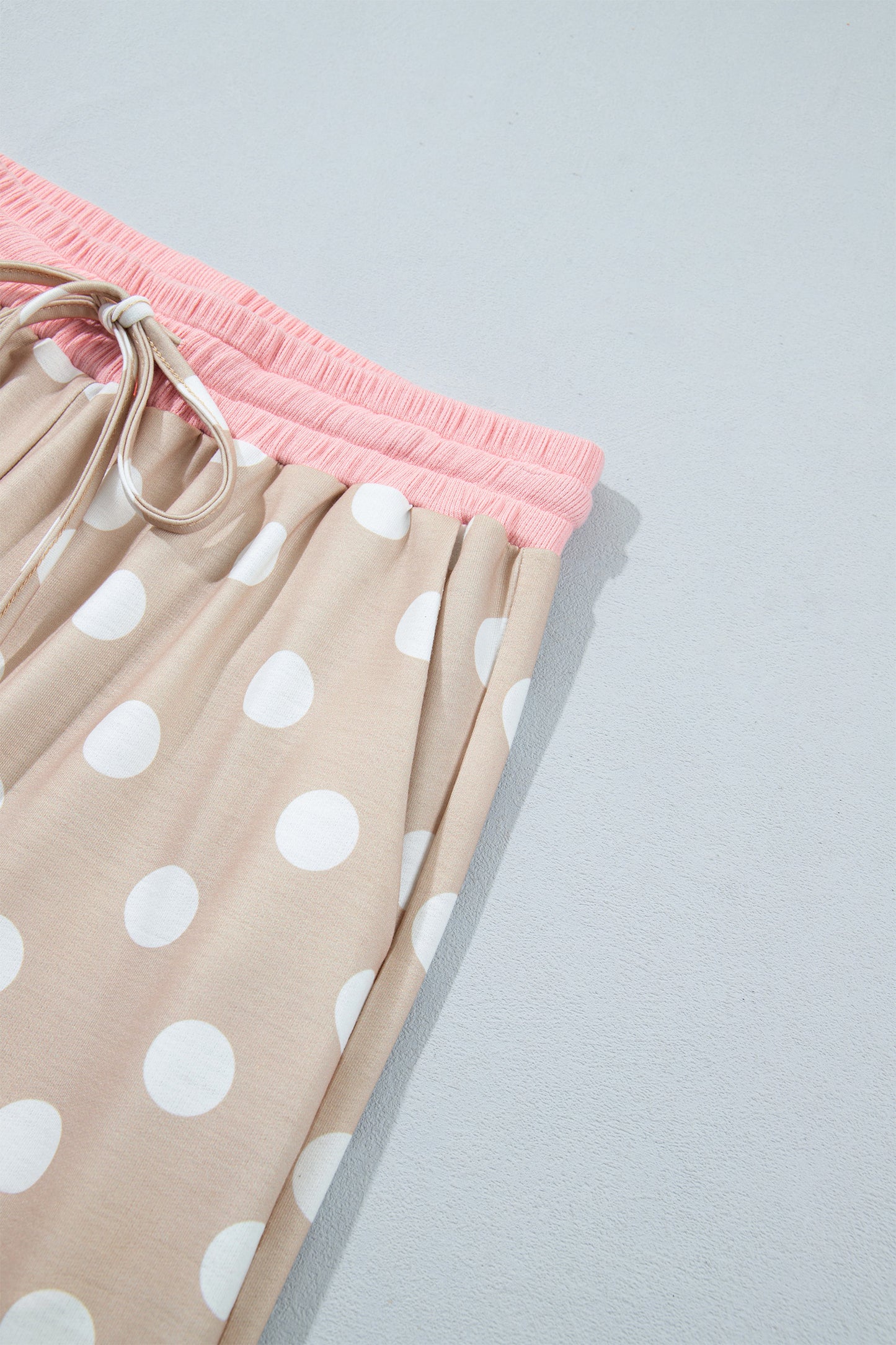 Khaki Polka Dot Contrast Trim Long Sleeve Top Drawstring Shift Pants Set