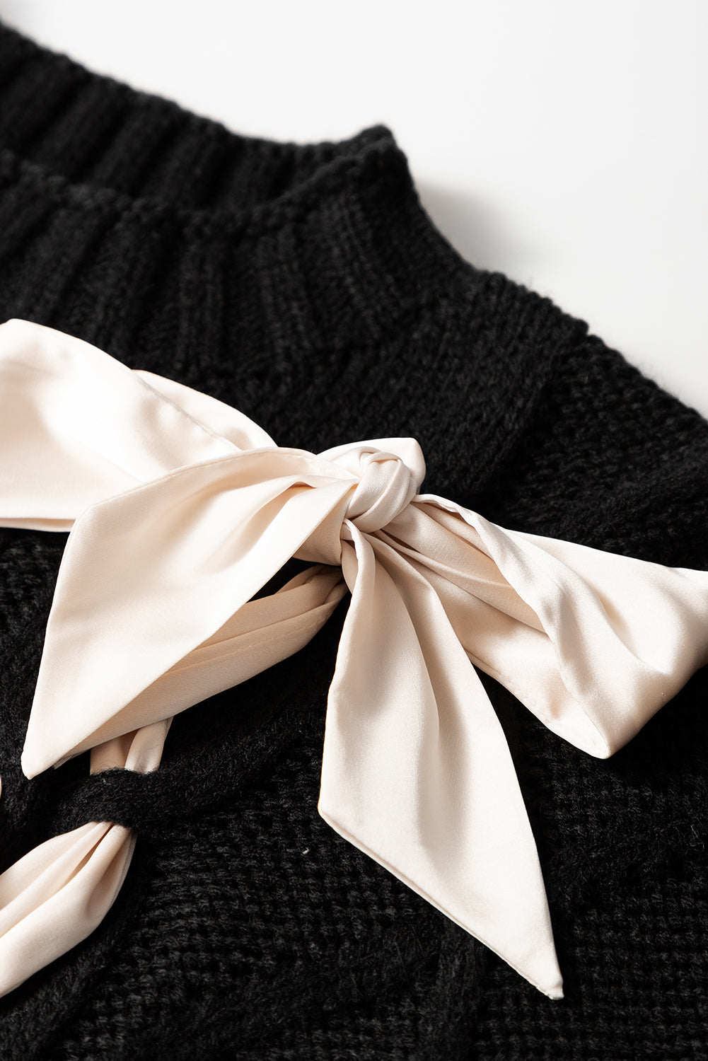 White Sweet Satin Bowknot Cable Knit Top