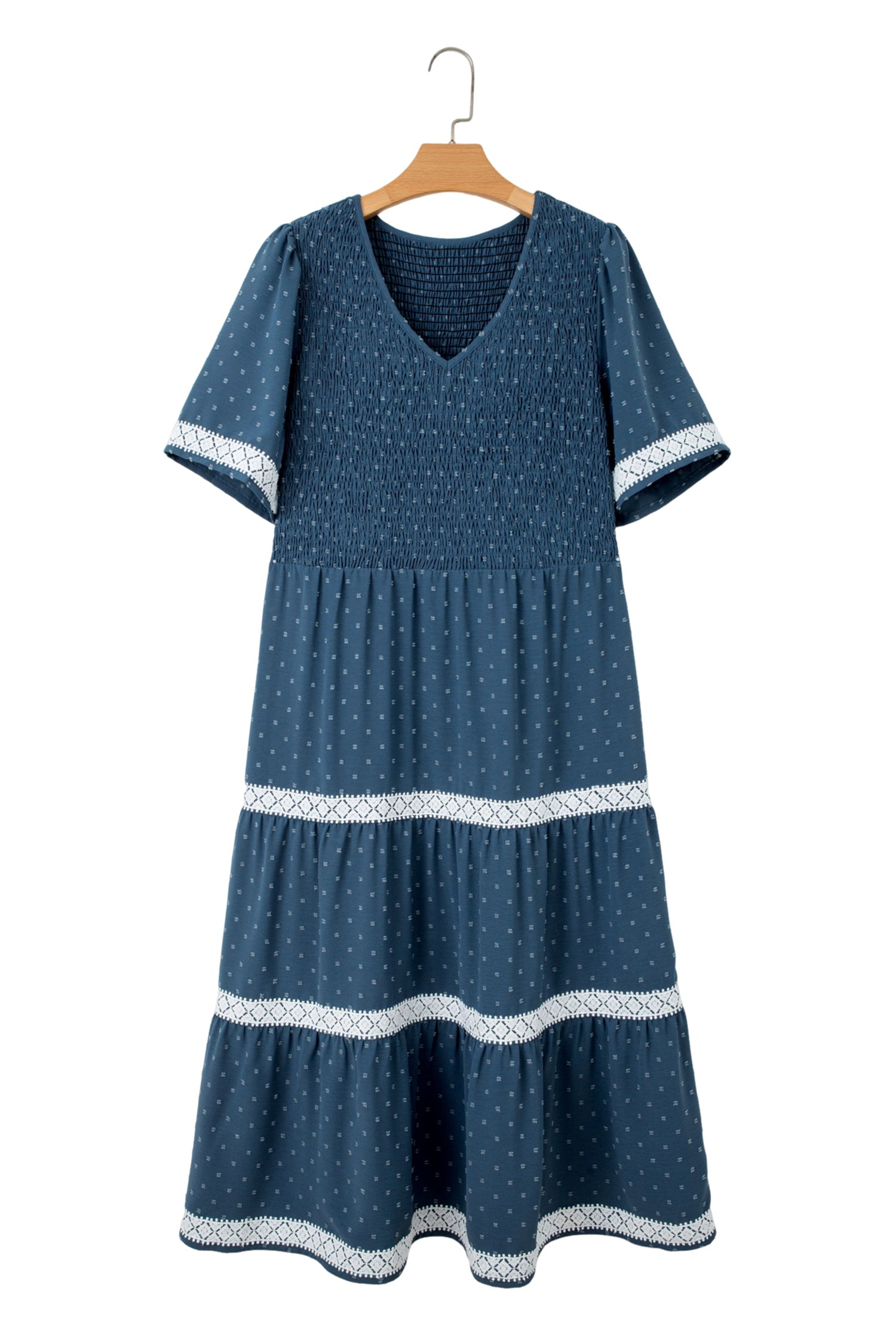 Dusk Blue Plus Size V Neck Swiss Dot Lace Patchwork Detail Flared Midi   Big Juicy Fashion