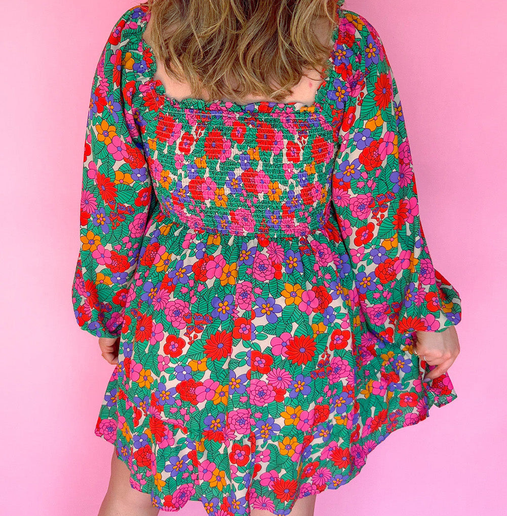 Plus Size Frill Square Neck Floral Shirred Mini Dress