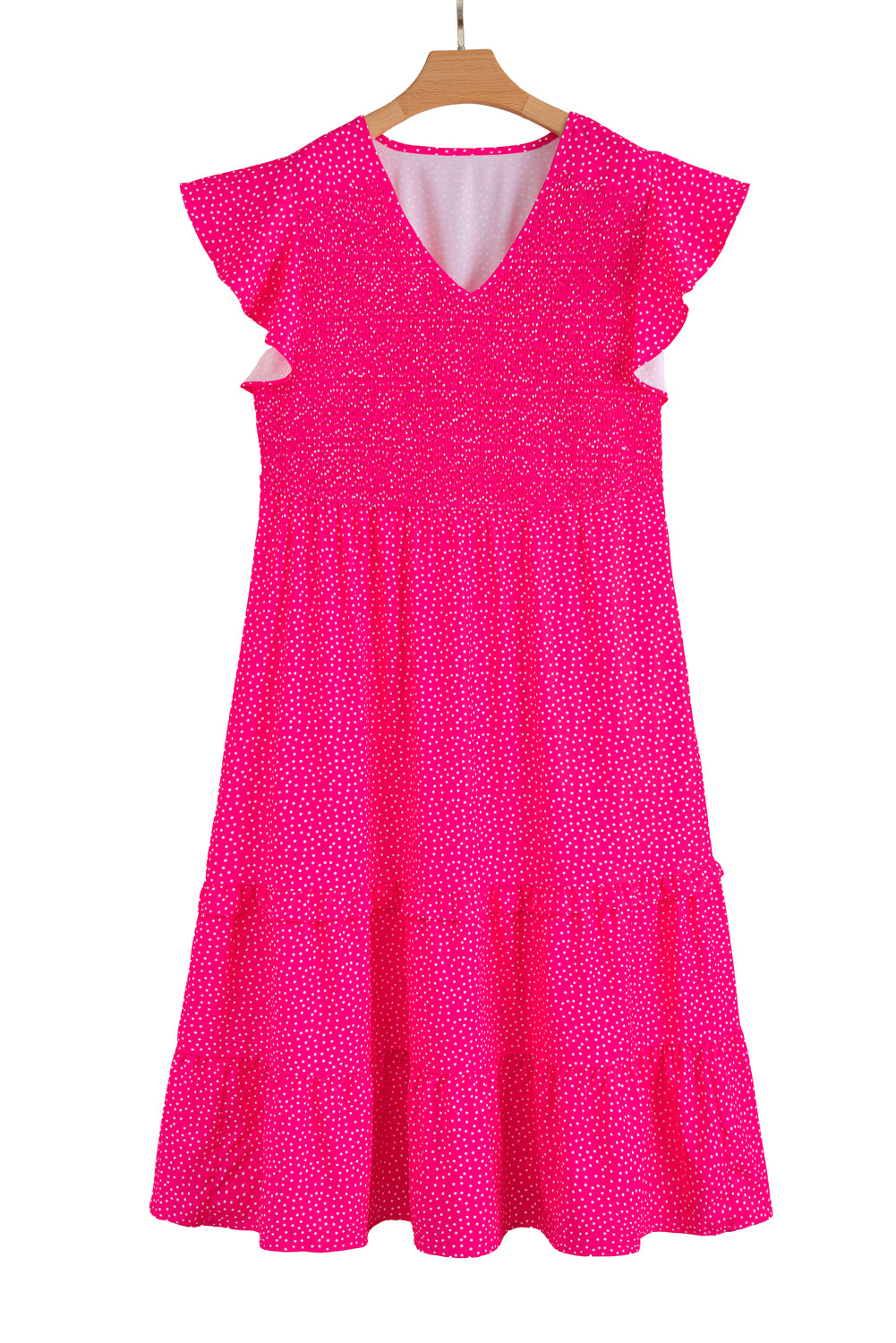 Rose Polka Dot Print Ruffle Smocked High Waist Plus Midi Dress