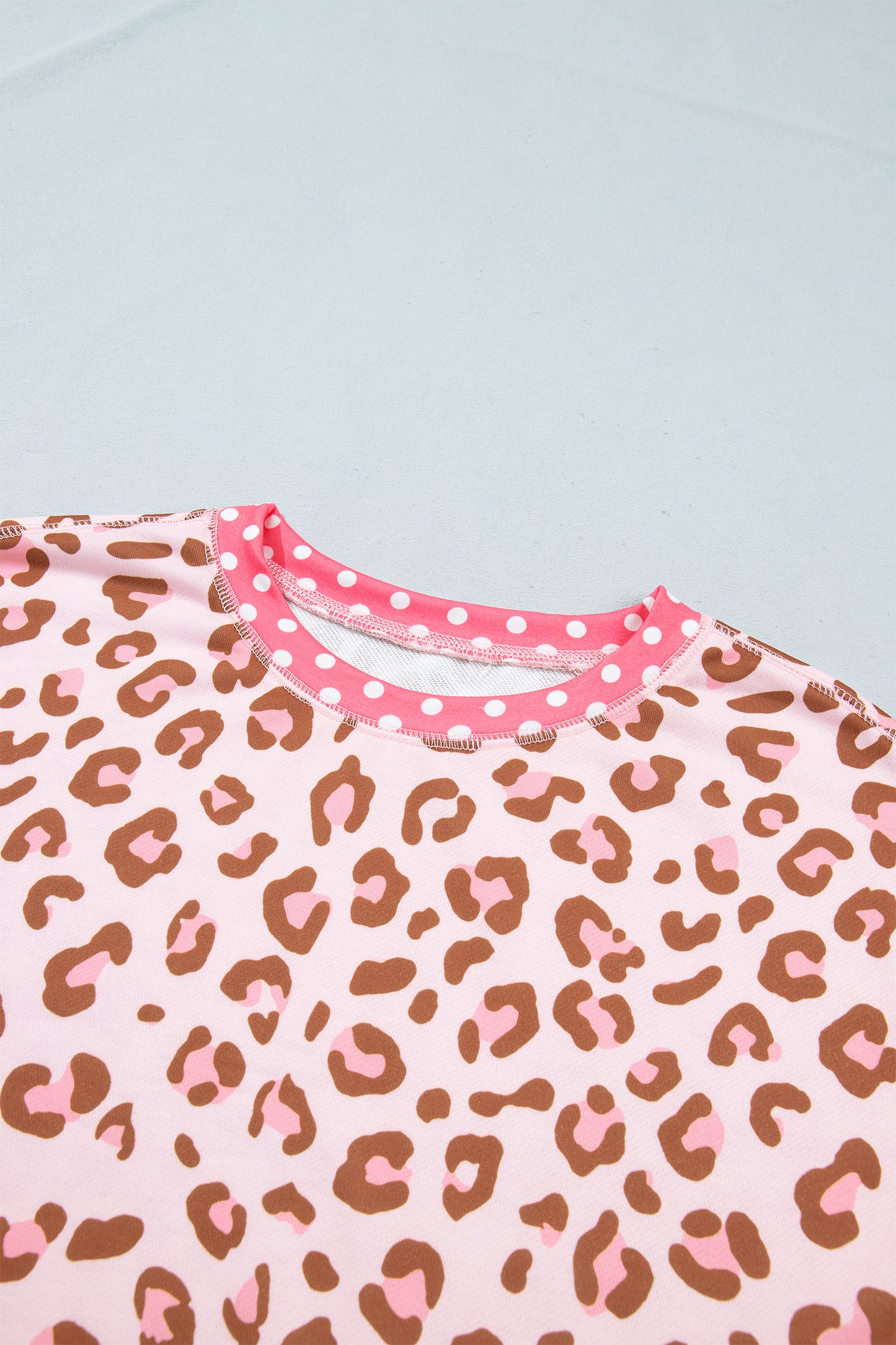 Pink Leopard Polka Dot Colorblock Trim Long Sleeve Top