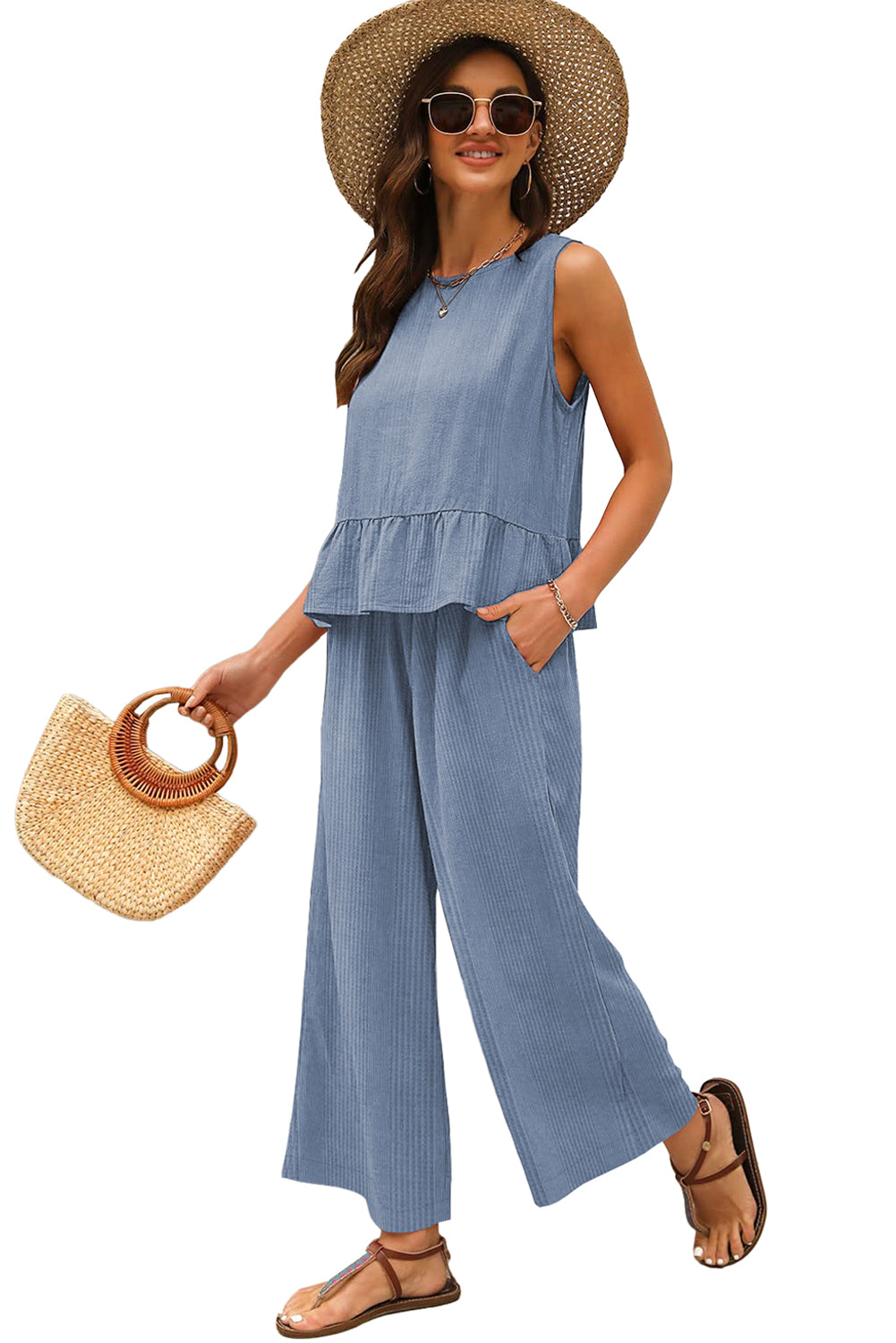 Black Solid Color Ribbed Ruffle Tank Top and Pants Set