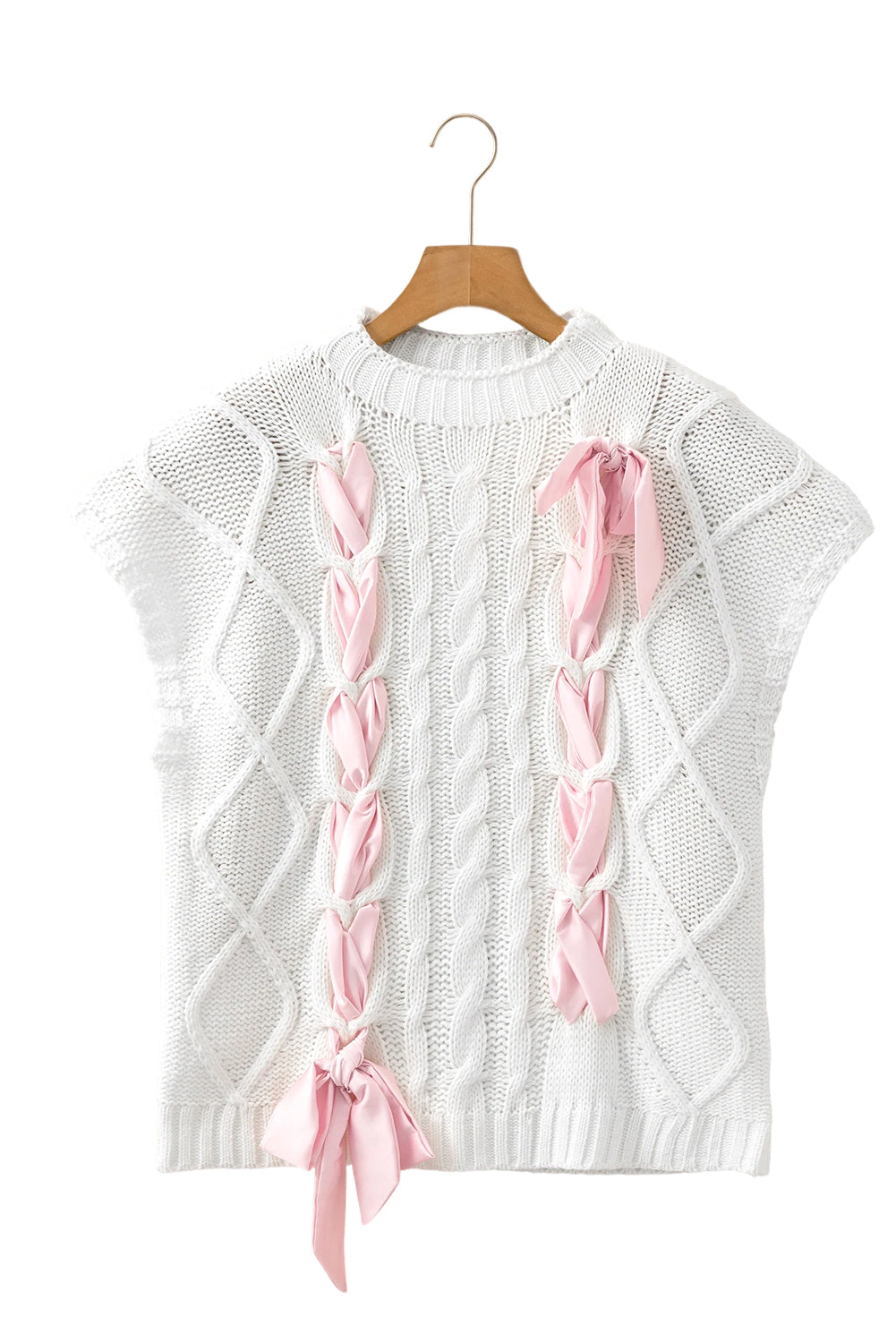 White Sweet Satin Bowknot Cable Knit Top