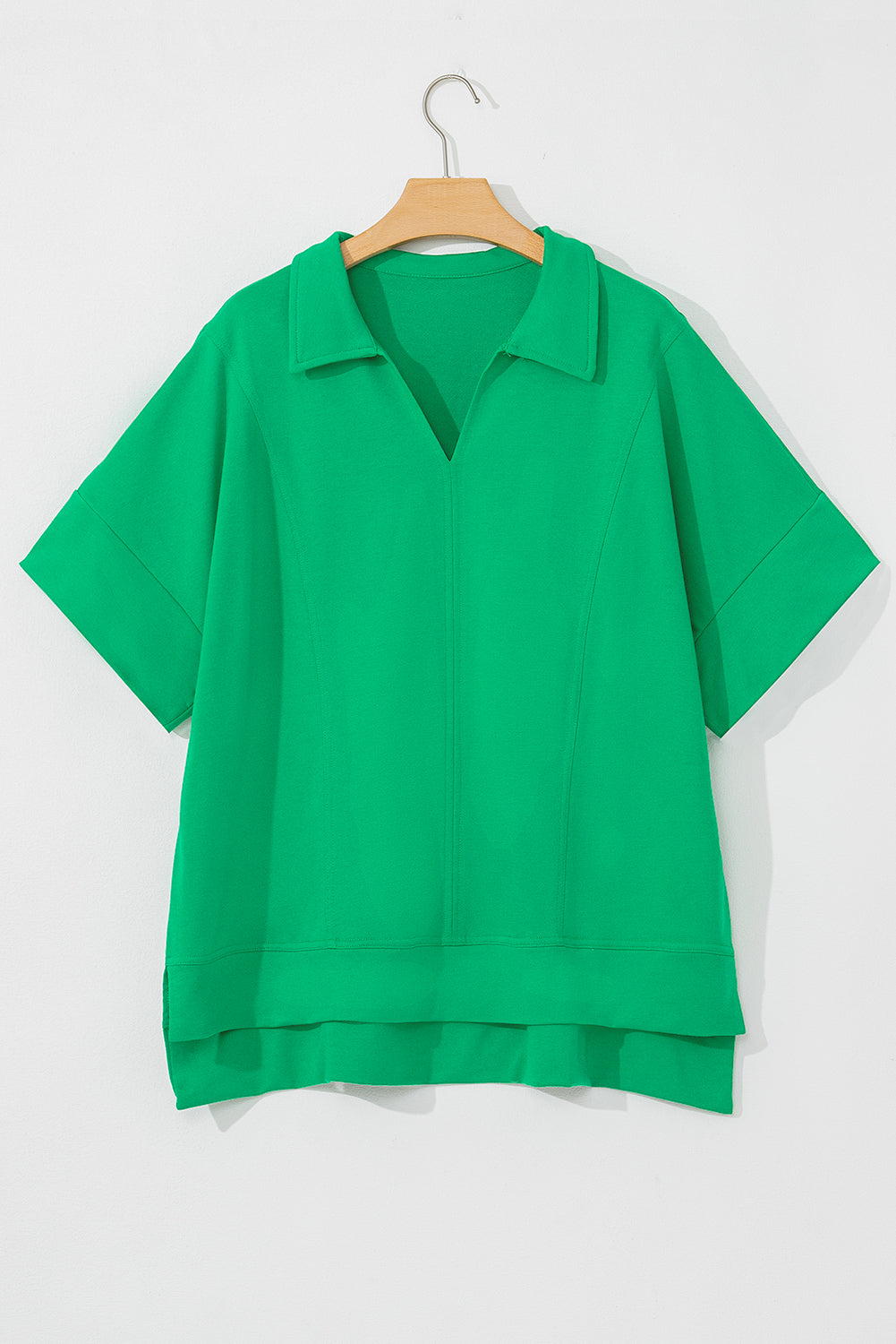 Bright Green Turn-Down Collar Plain Plus Size Blouse