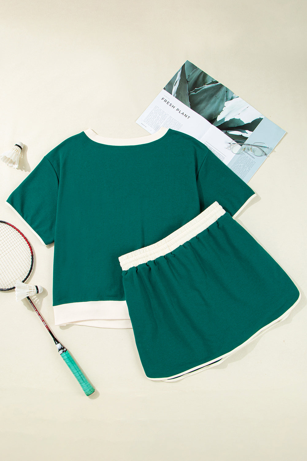 Turquoise Plus Size Contrast Trim T Shirt and Skort Two Piece Set