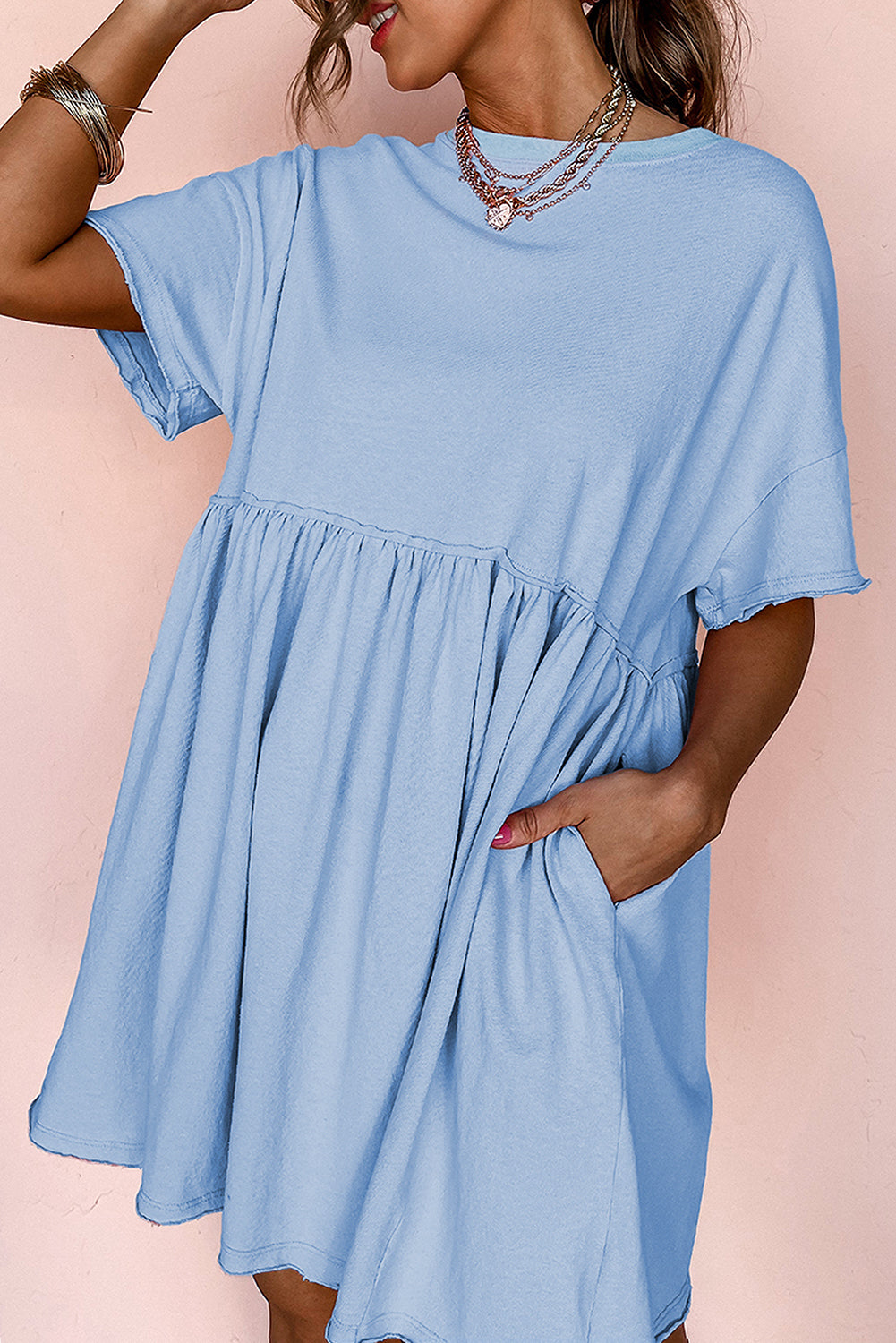 Sky Blue Solid Color Pocket Raw Edge Babydoll Dress**SHIPS 3/26** – Big