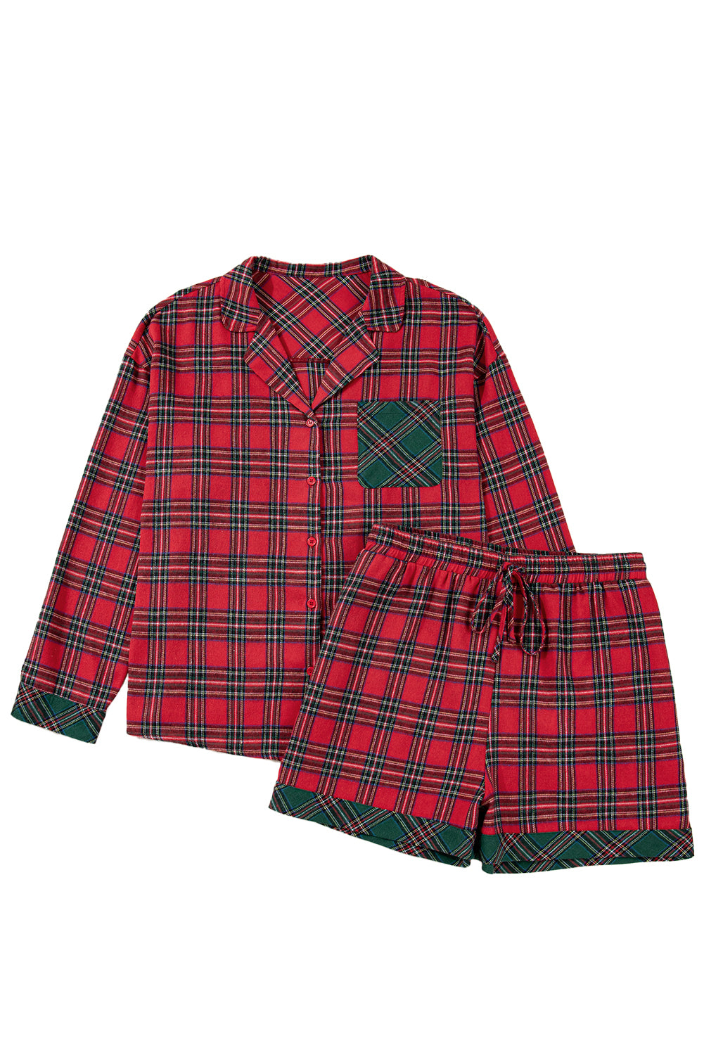Red Plus Size Plaid Patchwork Long Sleeve Shirt and Shorts Pajama Set