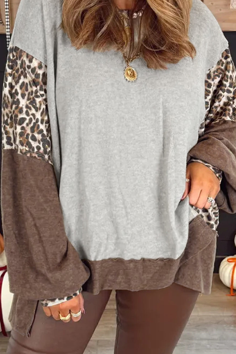 Light Pink Color Block Leopard Patchwork Dolman Sleeve High Low Baggy Sweatshirt