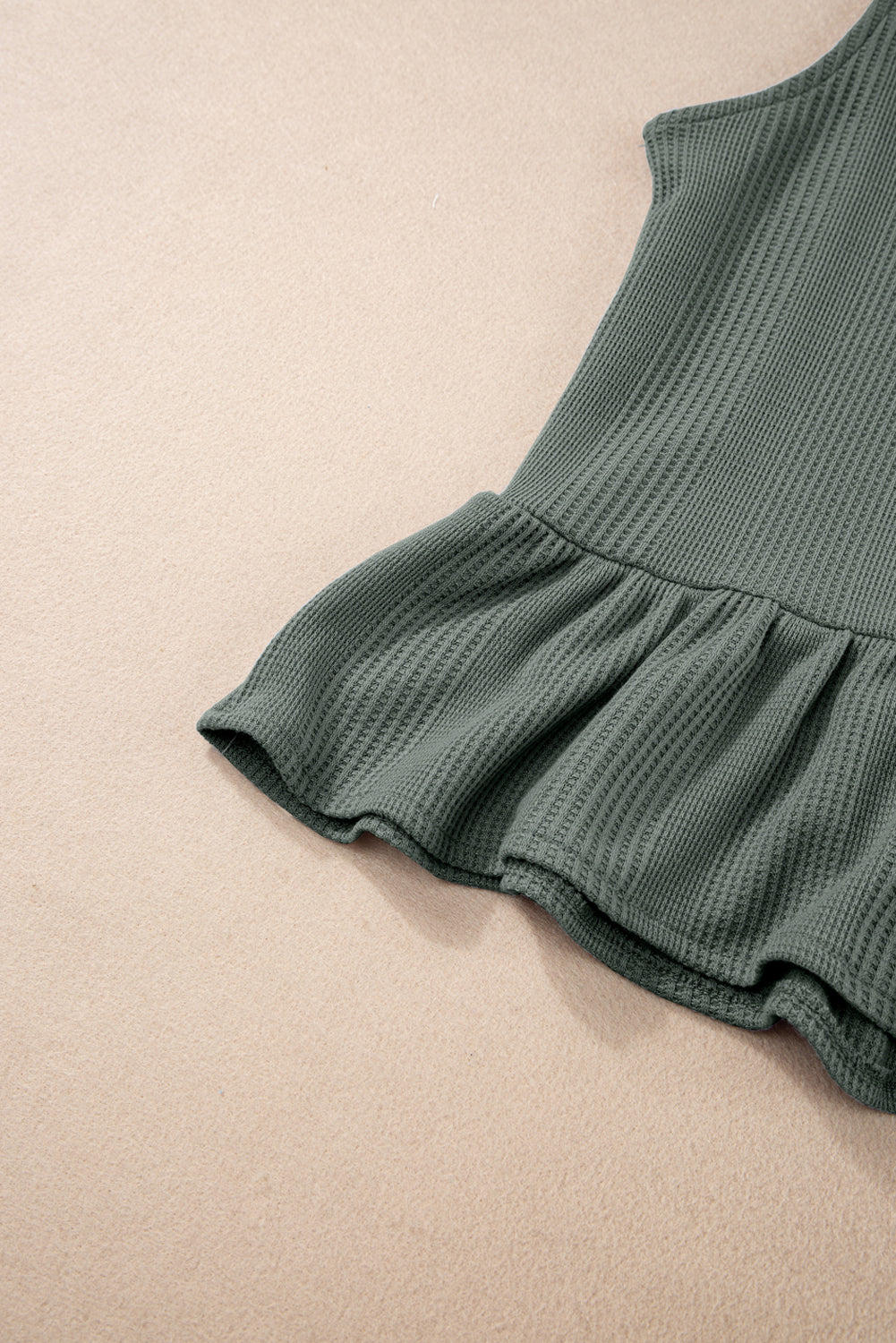 Black Solid Color Ribbed Ruffle Tank Top and Pants Set