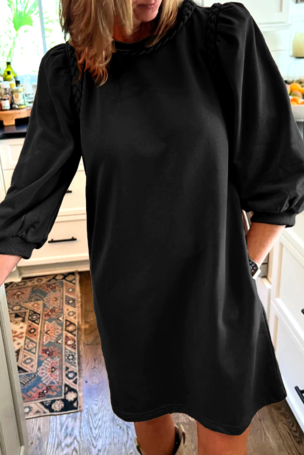 Light French Beige Twist Braided Embellished Puff Sleeve Dress