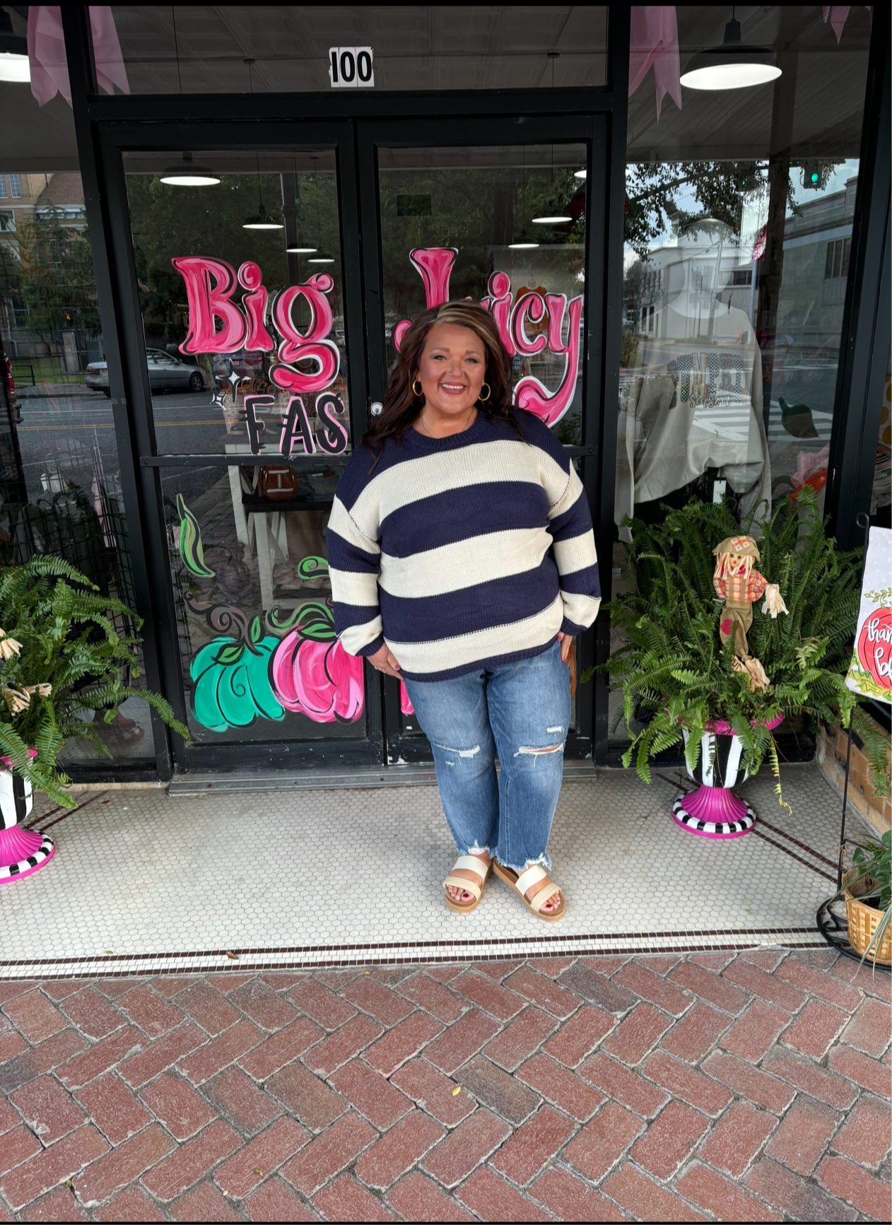Blue Striped Plus Size Drop Shoulder Sweater