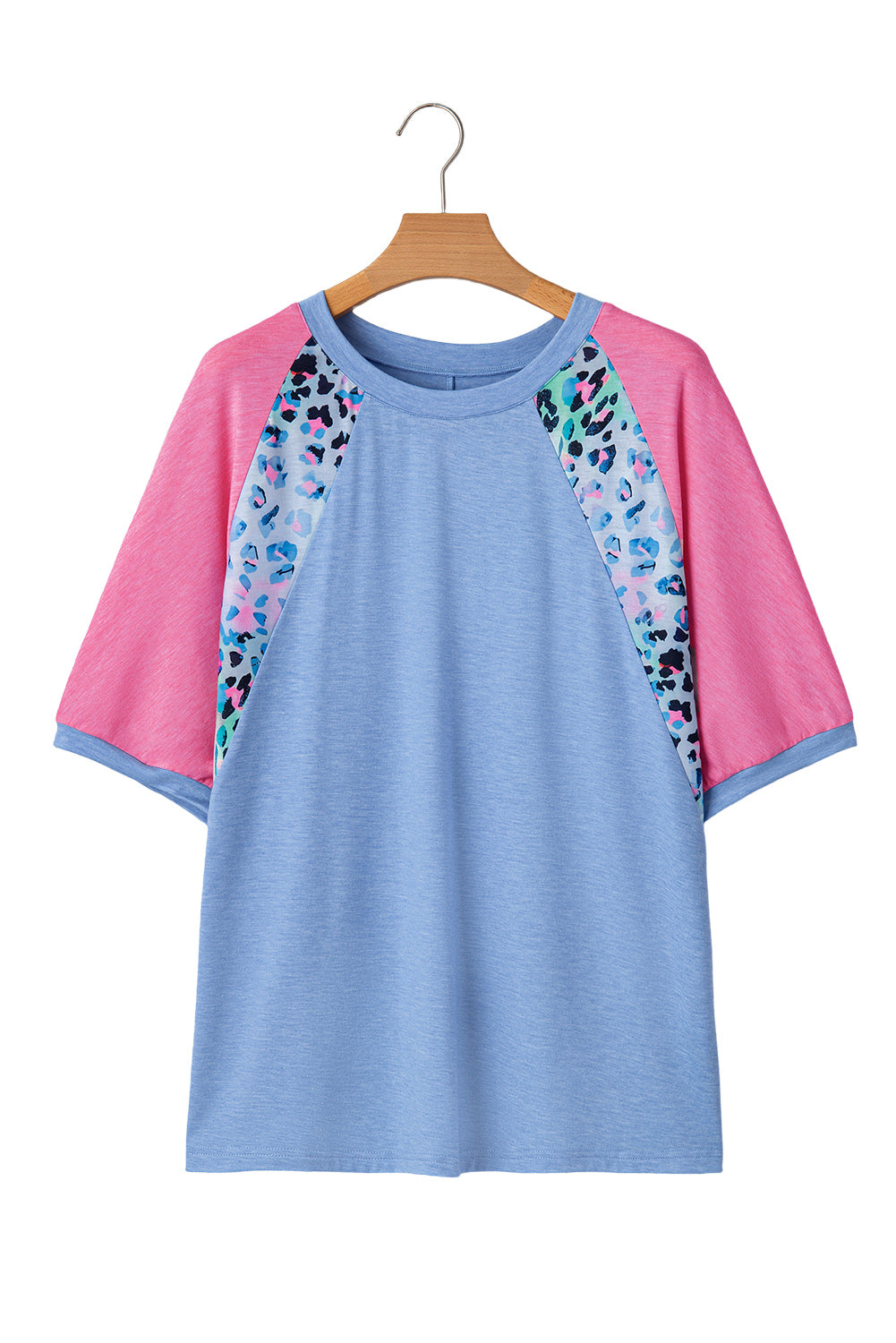 Sky Blue Leopard Print Colorblock Plus Size T Shirt **SHIPS 3/17**