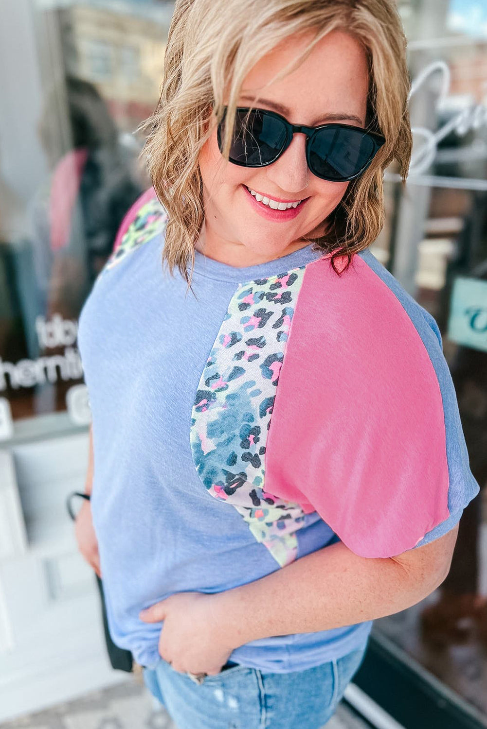 Sky Blue Leopard Print Colorblock Plus Size T Shirt **SHIPS 3/17**