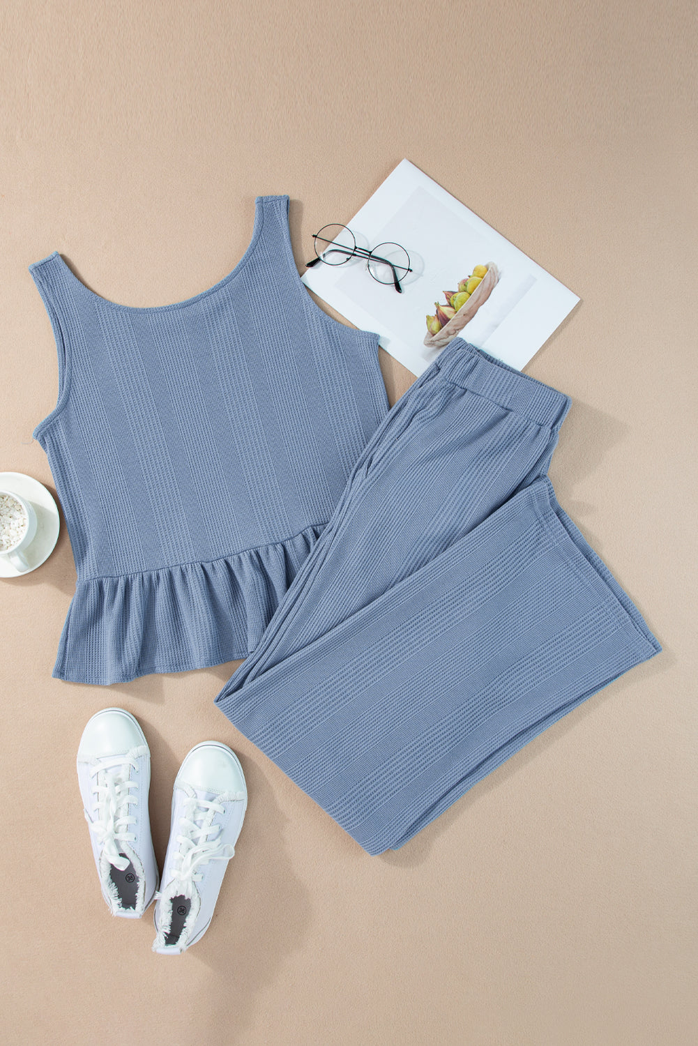 Black Solid Color Ribbed Ruffle Tank Top and Pants Set