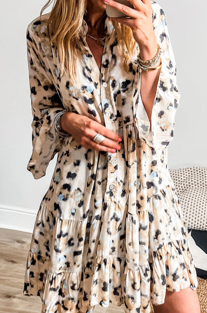 Khaki Leopard Button V Neck Pocket Flowy Mini Dress Big Juicy Fashion Khaki Leopard Button V Neck Pocket Flowy Mini Dress Big Juicy Fashion