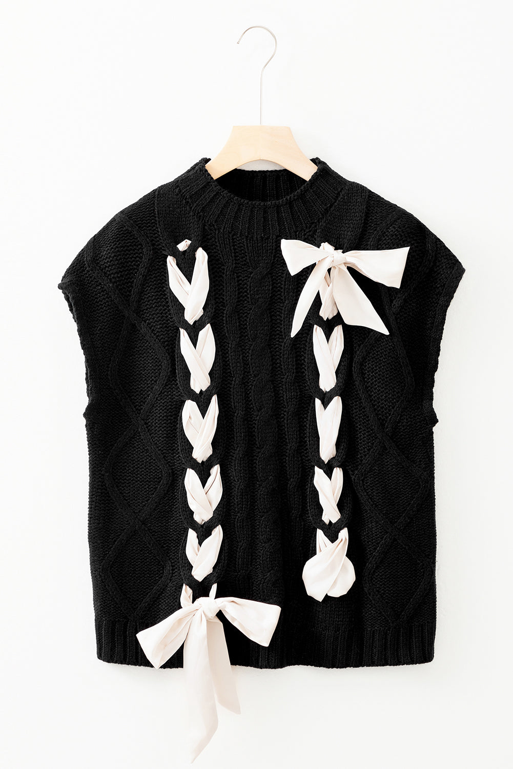 White Sweet Satin Bowknot Cable Knit Top
