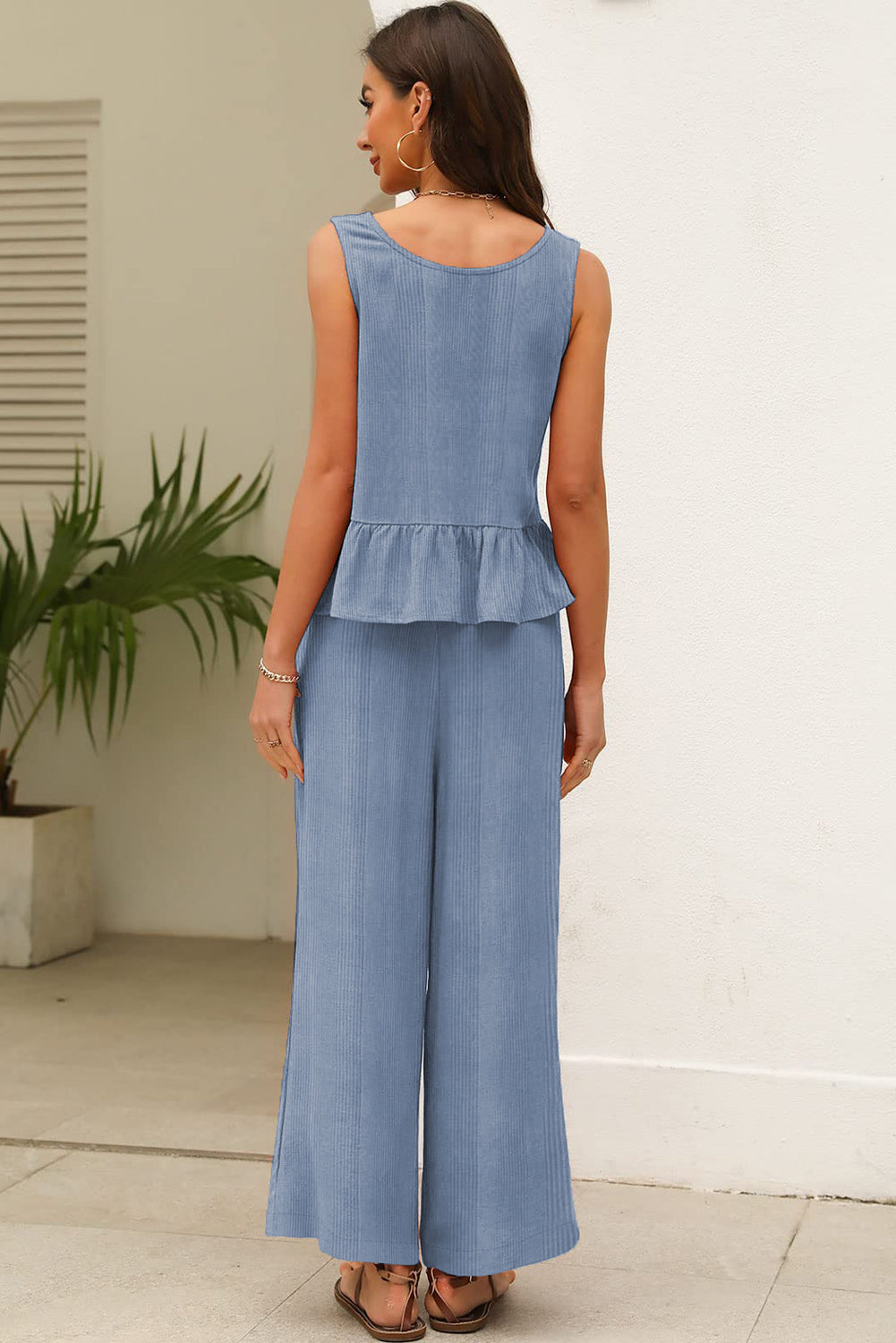 Black Solid Color Ribbed Ruffle Tank Top and Pants Set