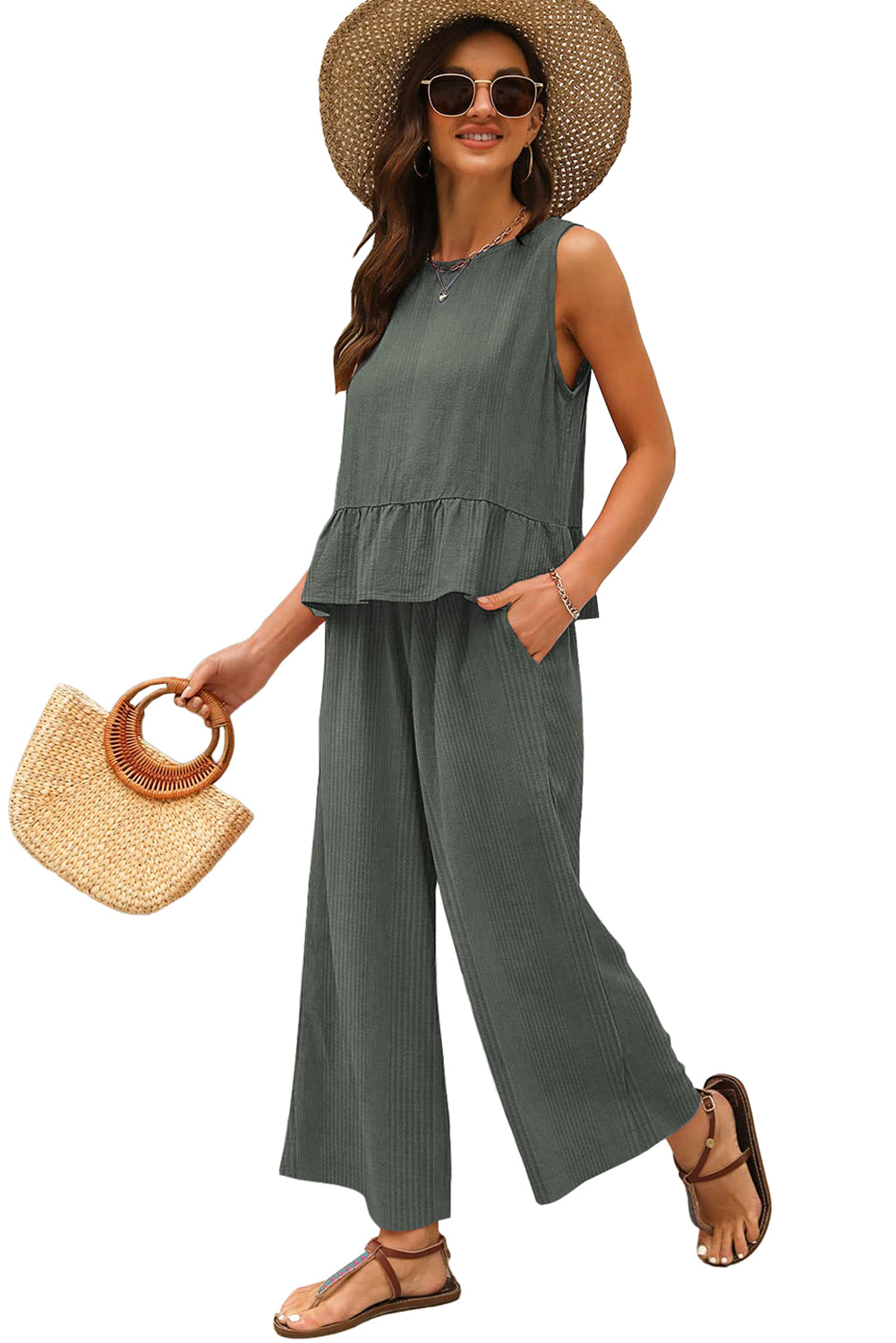 Black Solid Color Ribbed Ruffle Tank Top and Pants Set