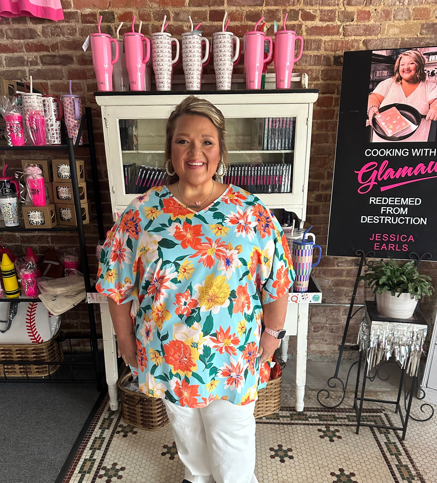 Sky Blue Plus Size Floral Print V Neck Batwing Sleeve Blouse