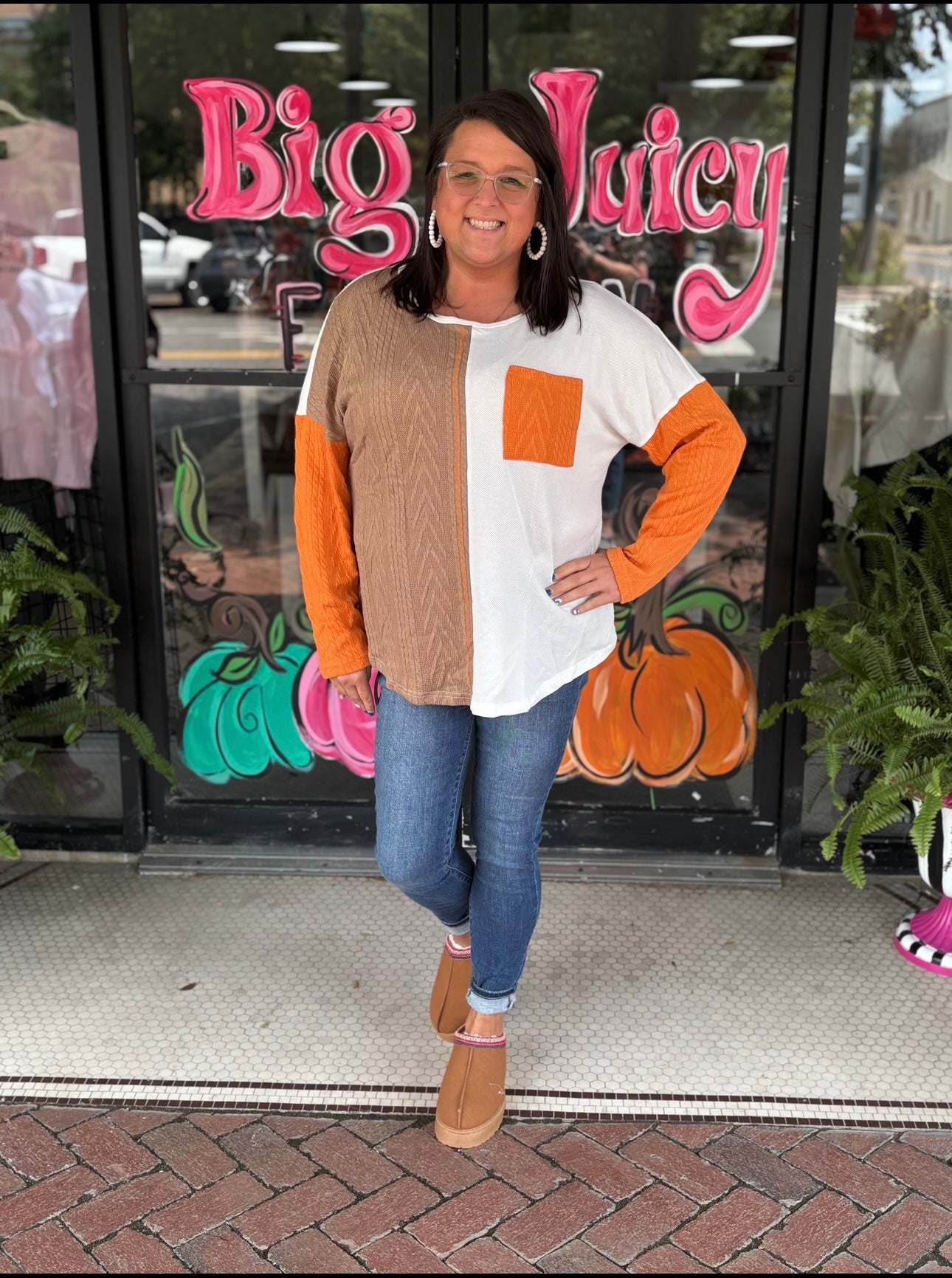 Chestnut Plus Size Pocket Textured Patchwork Top