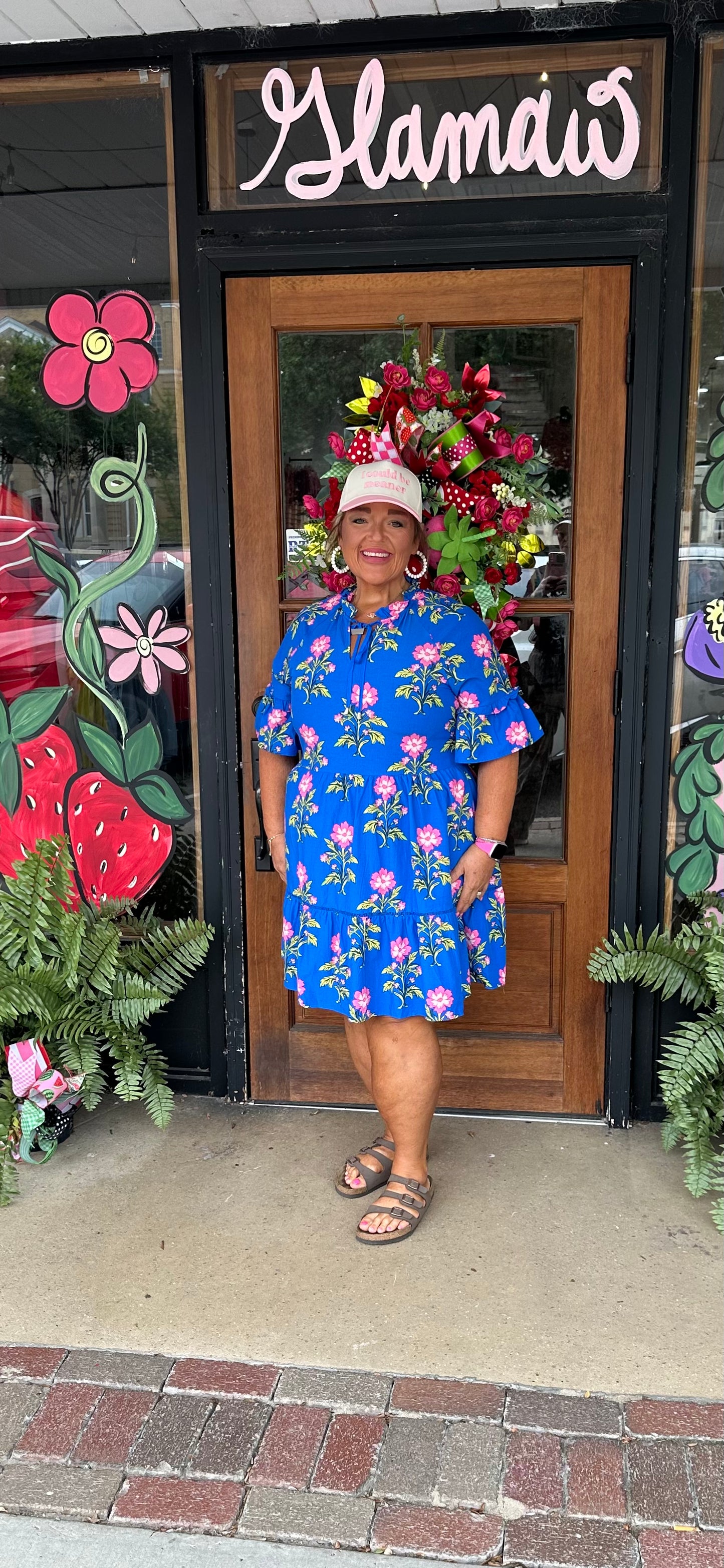 Blue V Neck Short Sleeve Loose Flower Dress