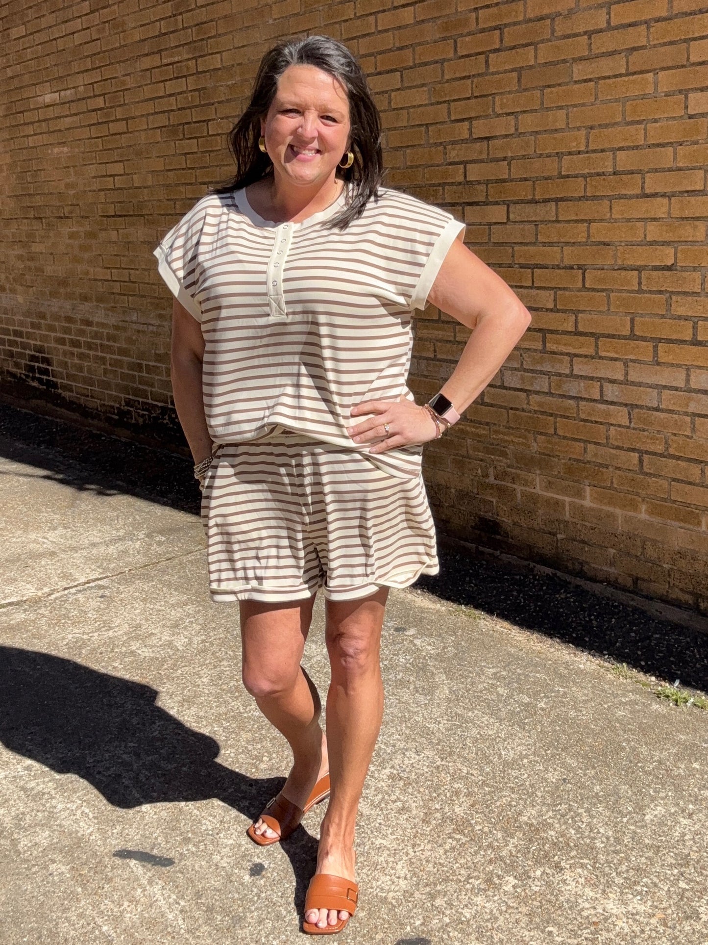 Brown Stripe Half Buttons Top and Shorts Set