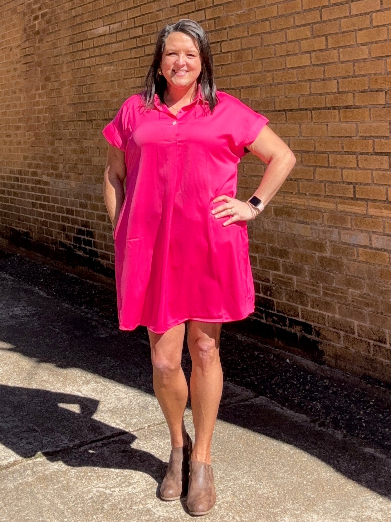 Rose Red Buttoned Collar Shift T Shirt Dress
