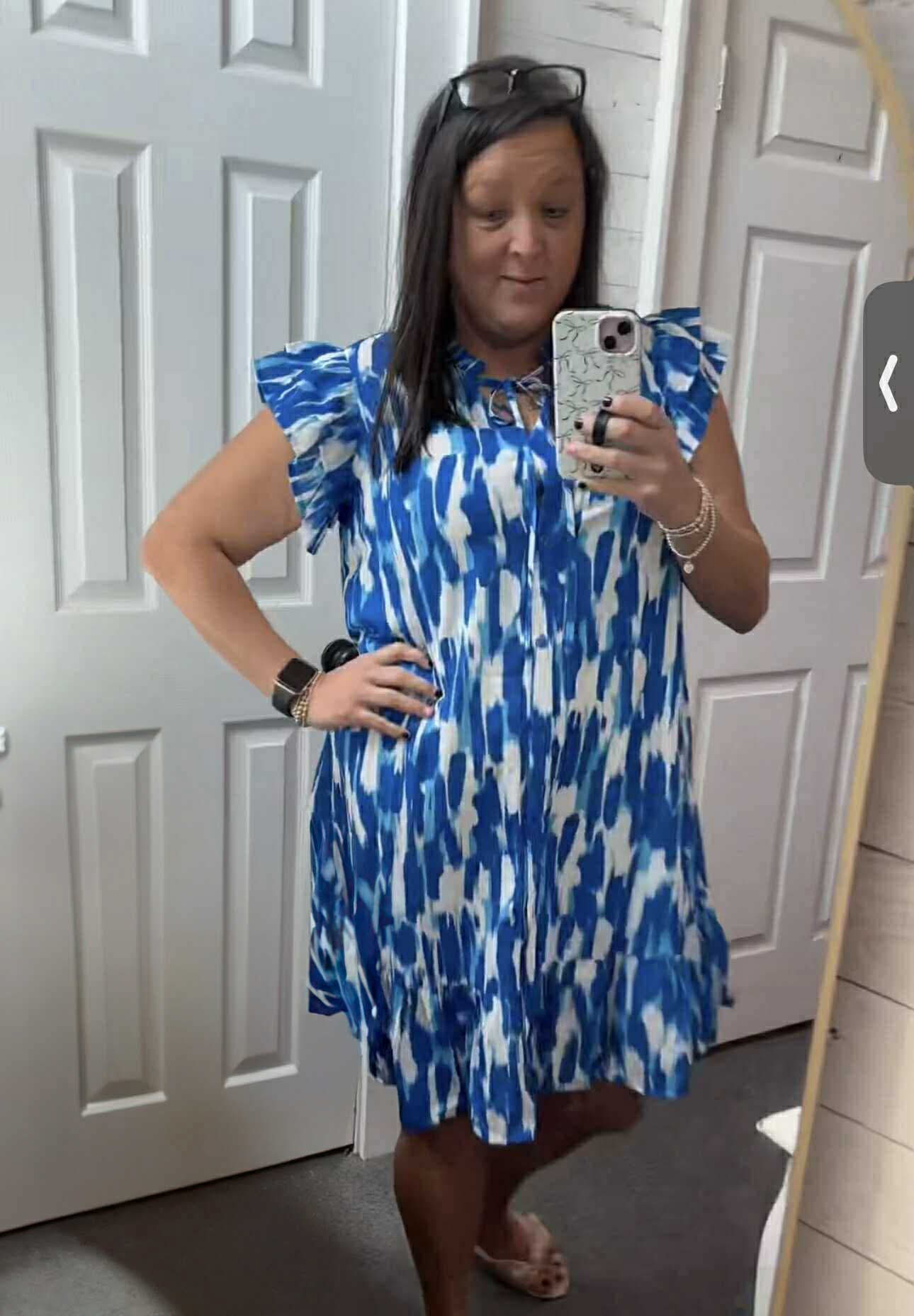 Sky Blue Plus Size Abstract Print Ruffle Flutter Sleeve Mini Dress **SHIPS 4/28**