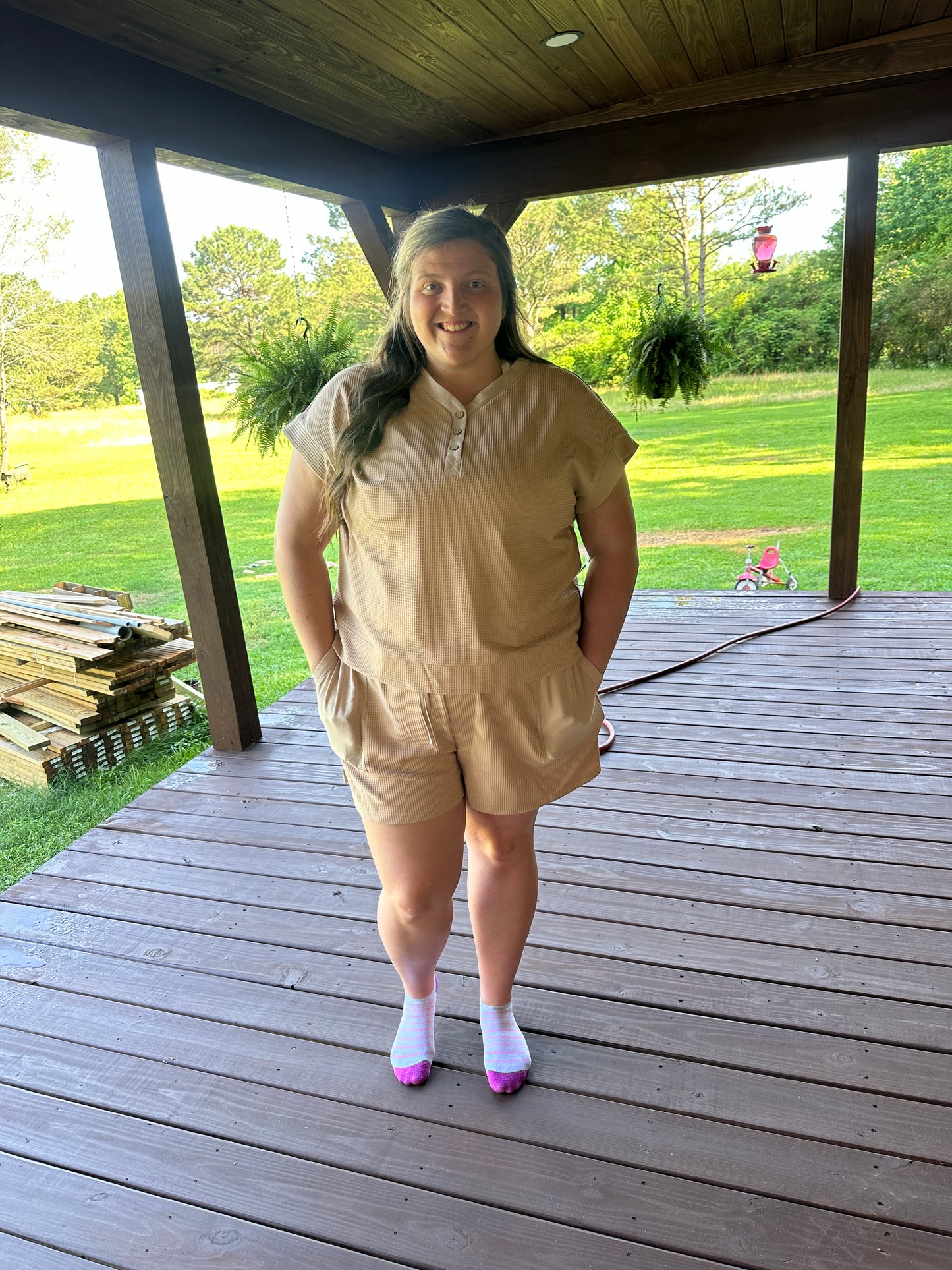 Parchment Waffle Patchwork Plus Size Henley Top and Drawstring Shorts Set