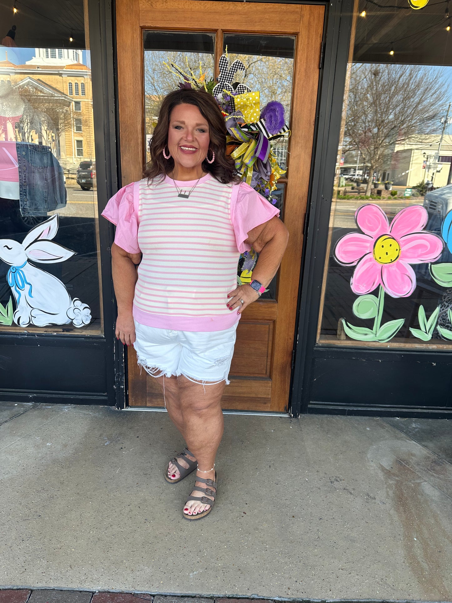 Pink Stripe Ruffled Short Sleeve Patchwork Blouse