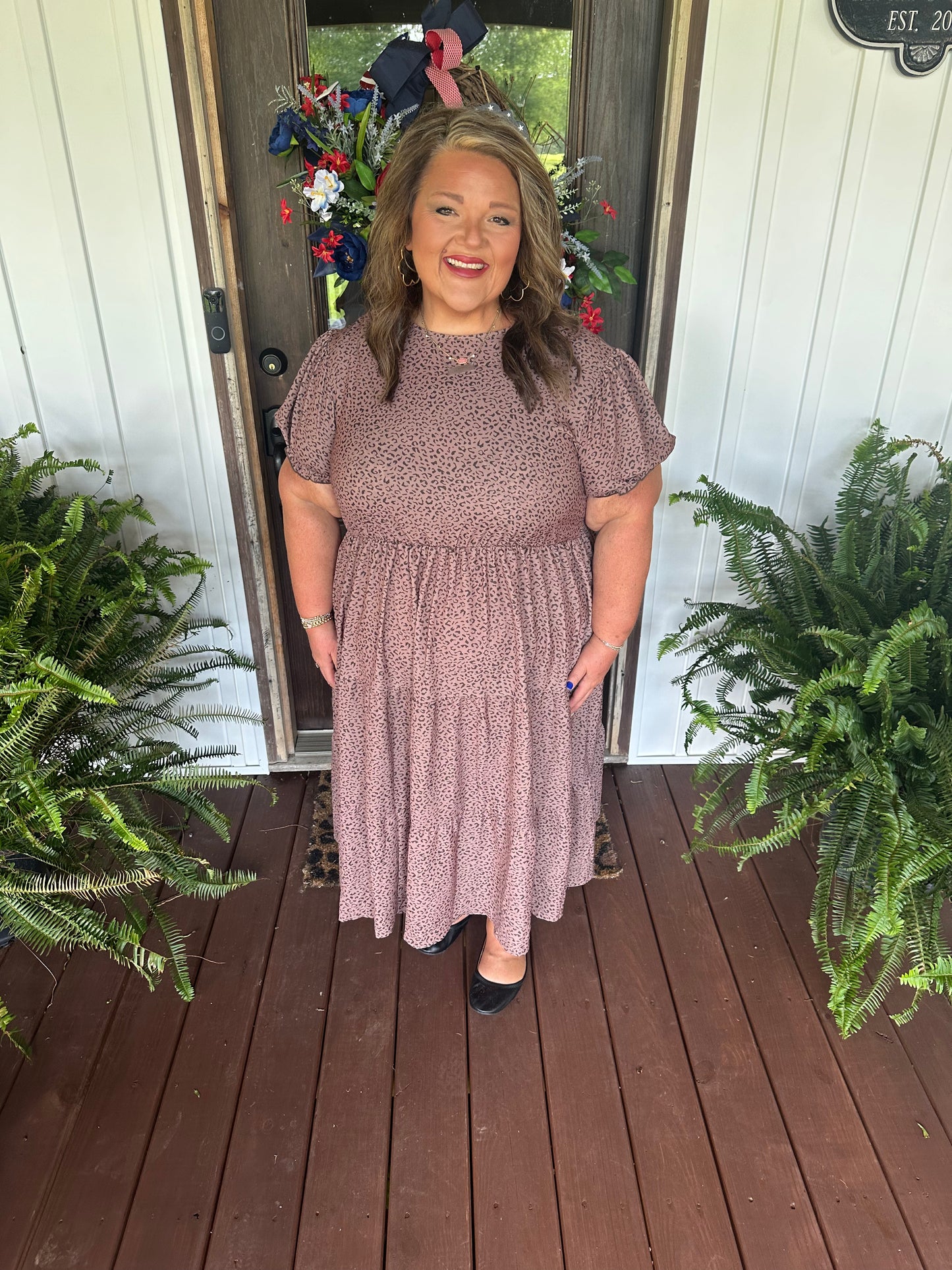 Brown Plus Size Leopard Print Frill Trim Short Sleeve Flared Dress