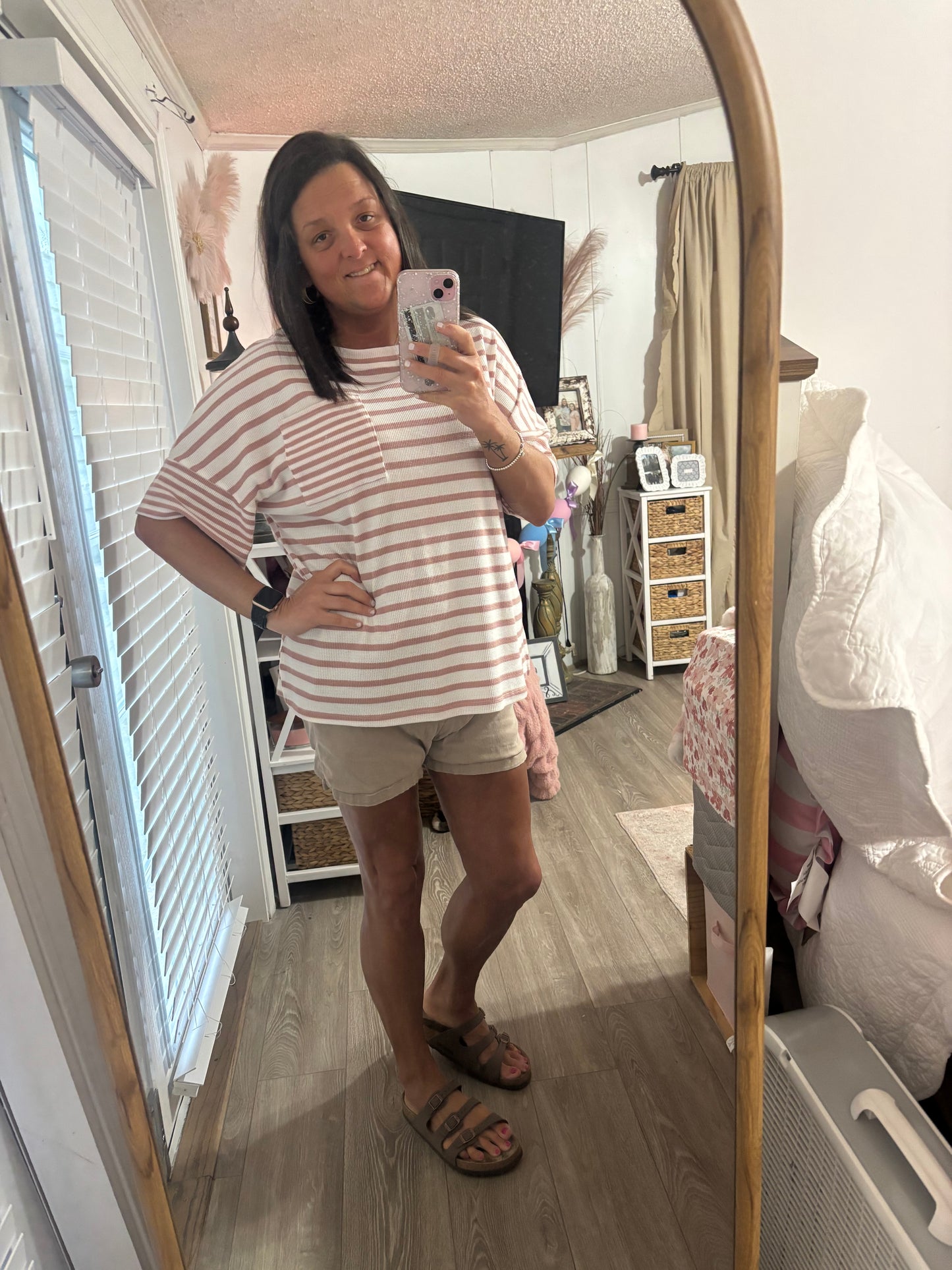 Pink Stripe Waffle Knit Pocket Half Sleeve Plus Size T Shirt