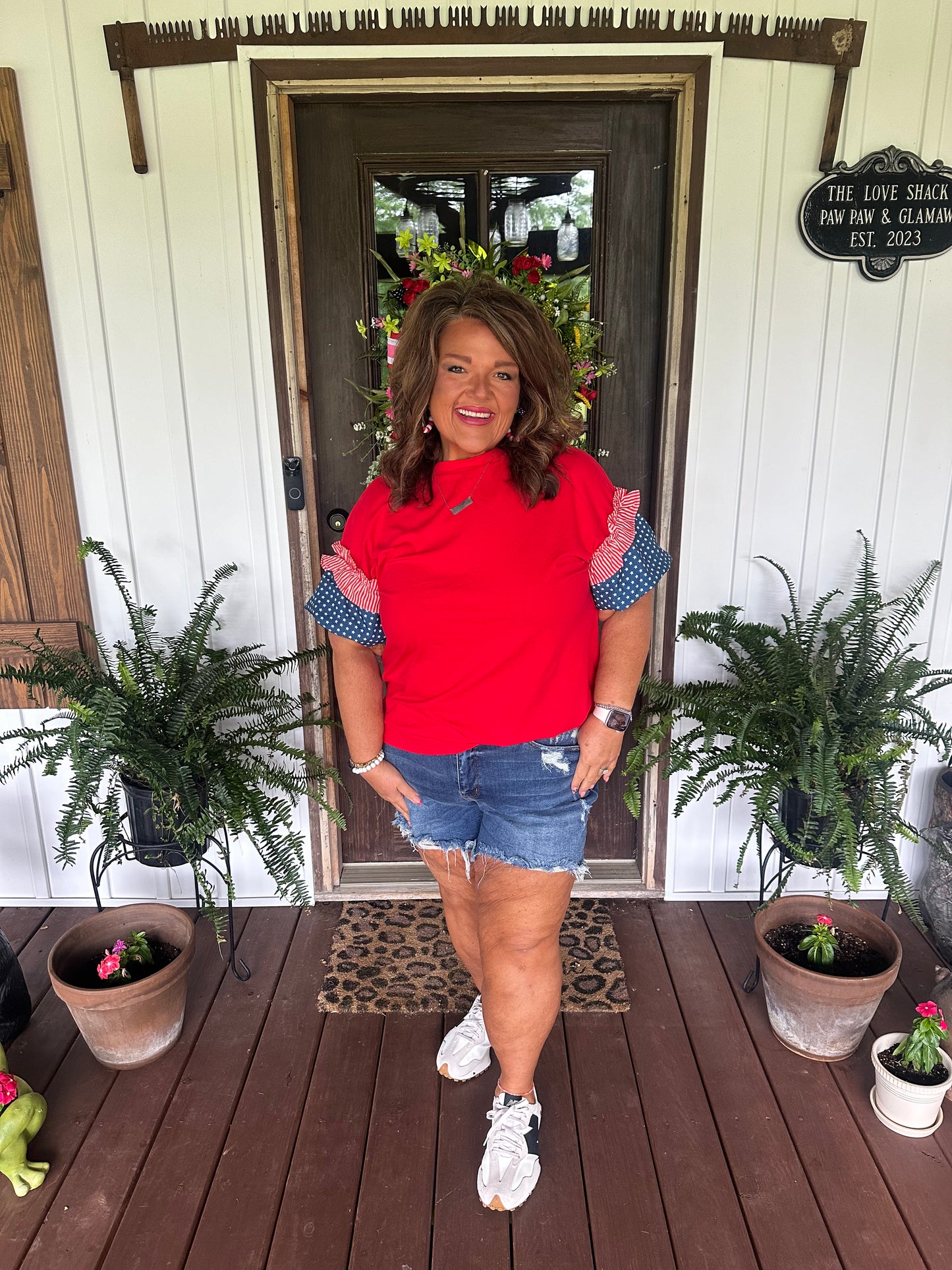 Fiery Red Plus Size Striped Ruffles Star Short Bubble Sleeve Patchwork Top