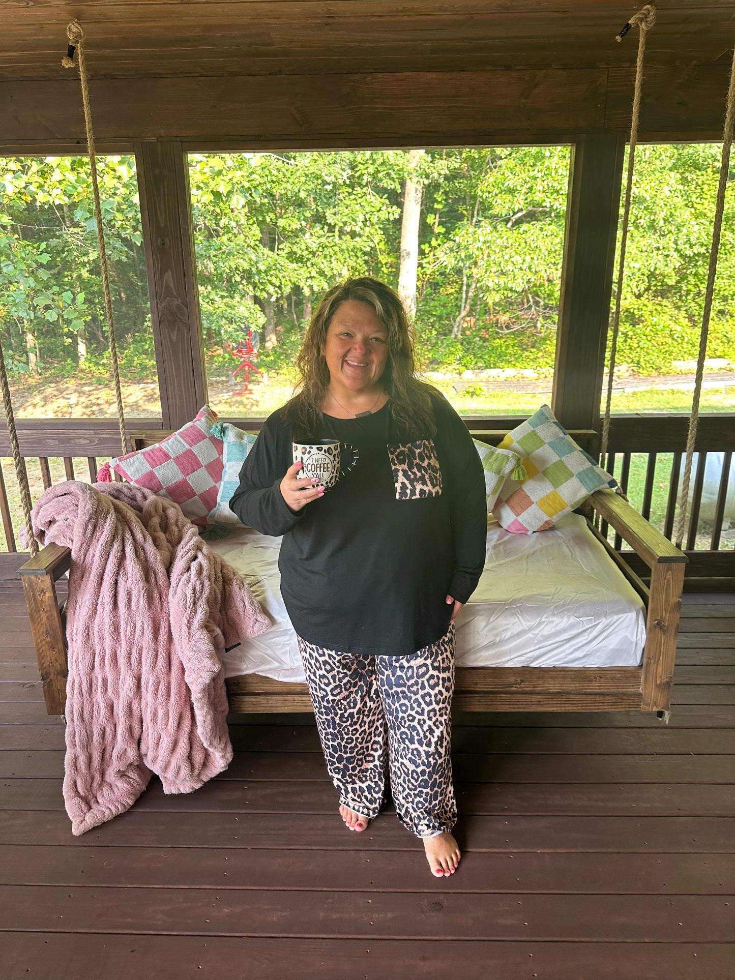 Black Leopard Patched Pocket Long Sleeve Top Plus Size Pajama Set