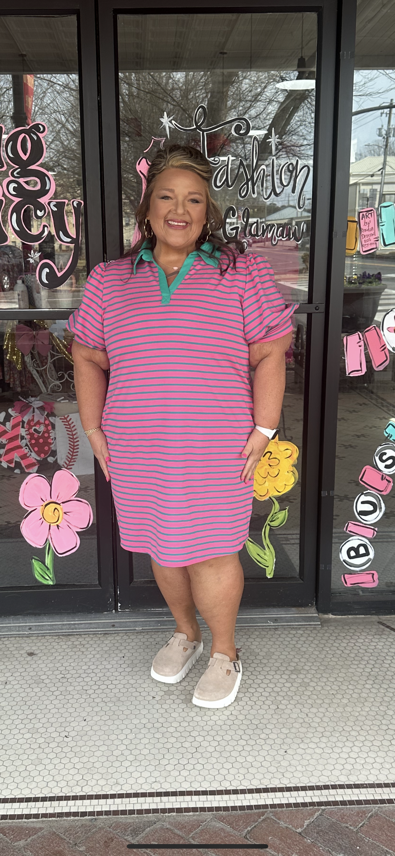 Rose Stripe Collared Puff Sleeve Pocket Plus Size Pop of Color Neckline Dress