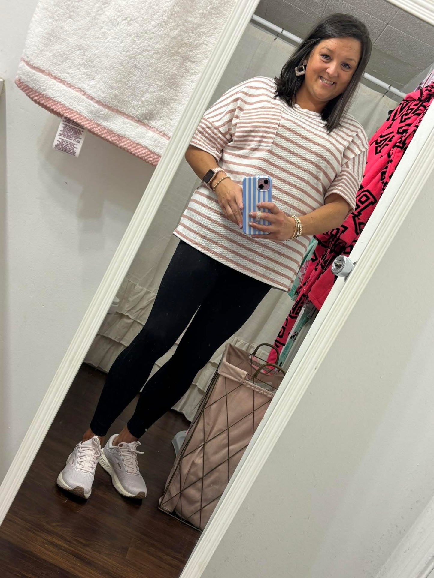 Pink Stripe Waffle Knit Pocket Half Sleeve Plus Size T Shirt