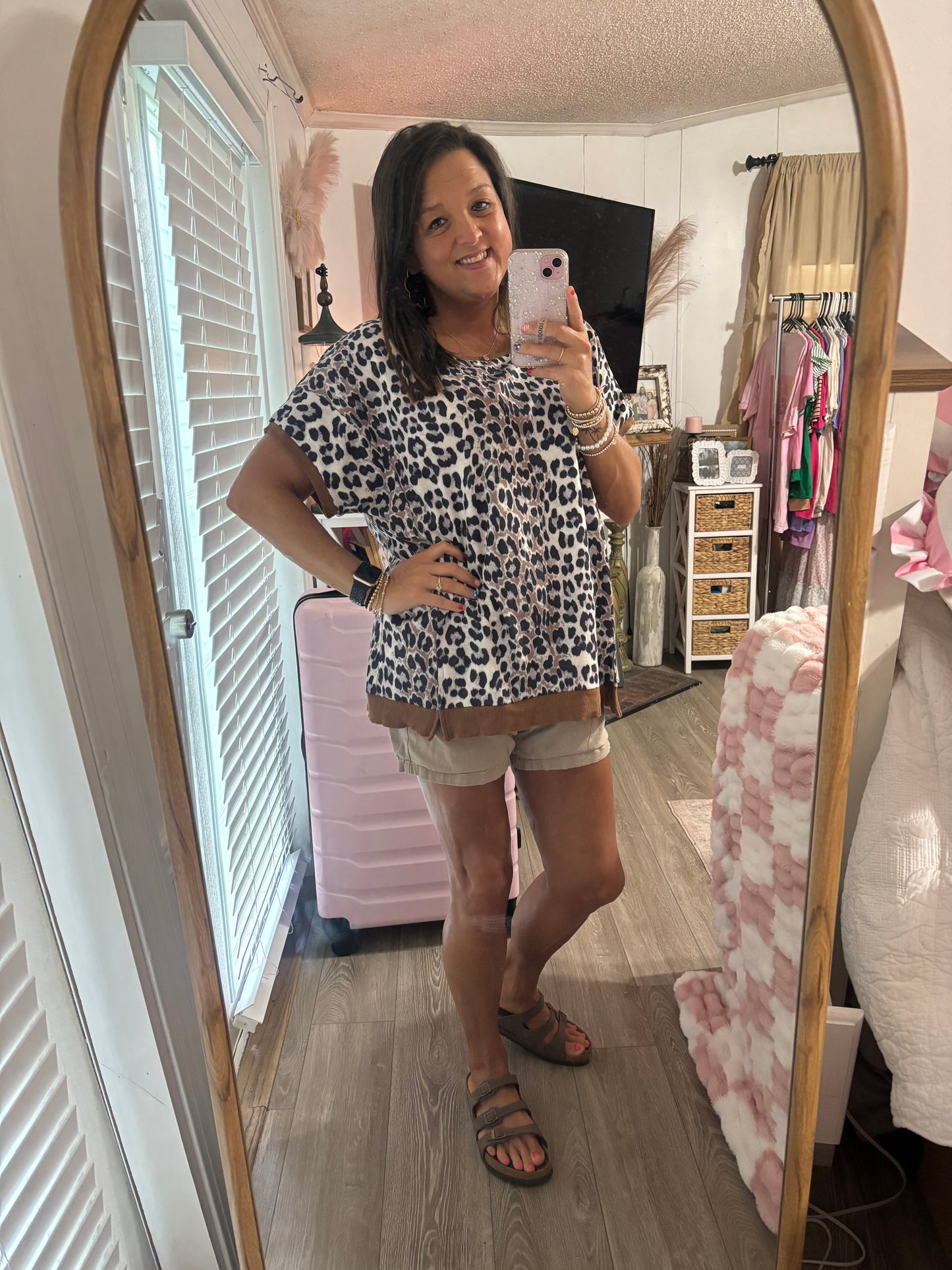 Khaki Leopard Contrast Trim Short Sleeve Loose Plus Size Top