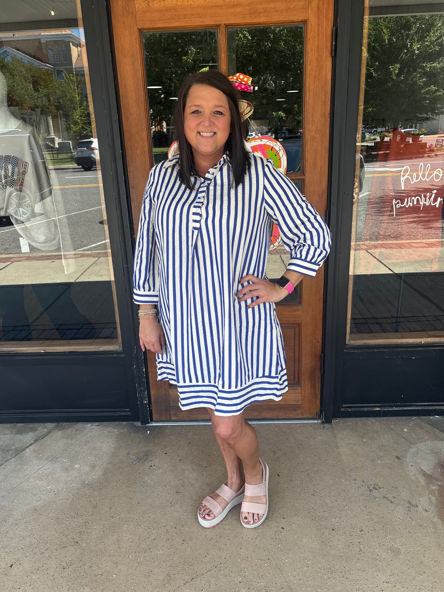 Blue Striped Collared Half Button Side Pockets Loose Fit Mini Dress