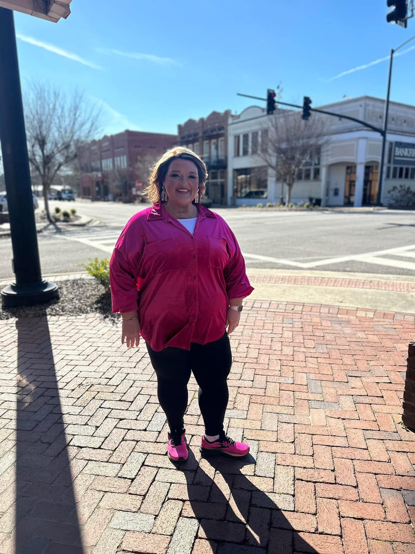 Bright Pink Plus Size Velvet Chest Pocket Drop Shoulder Shirt