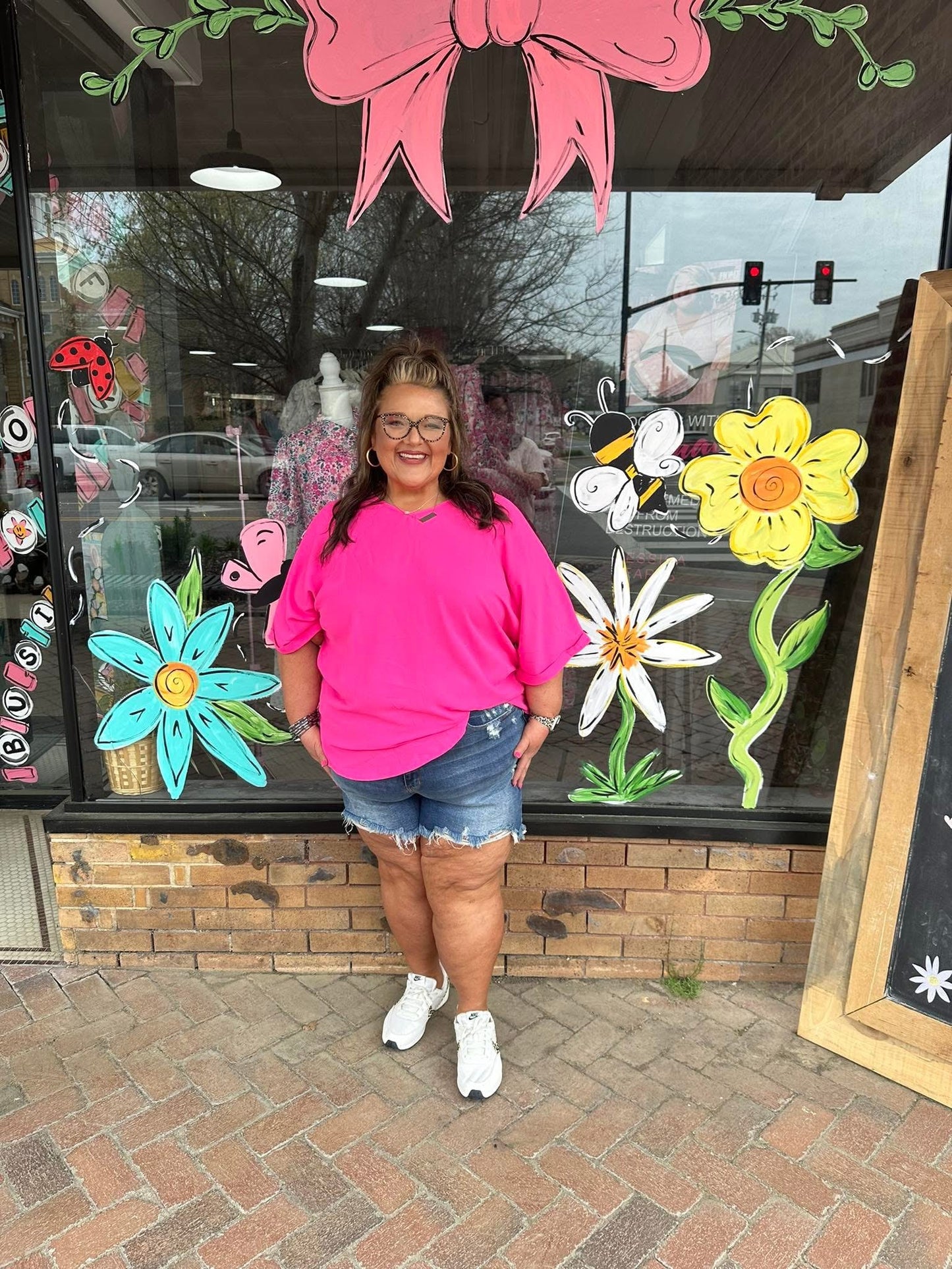Bright Pink Seamed Back High Low Hem V Neck Plus Size Tee