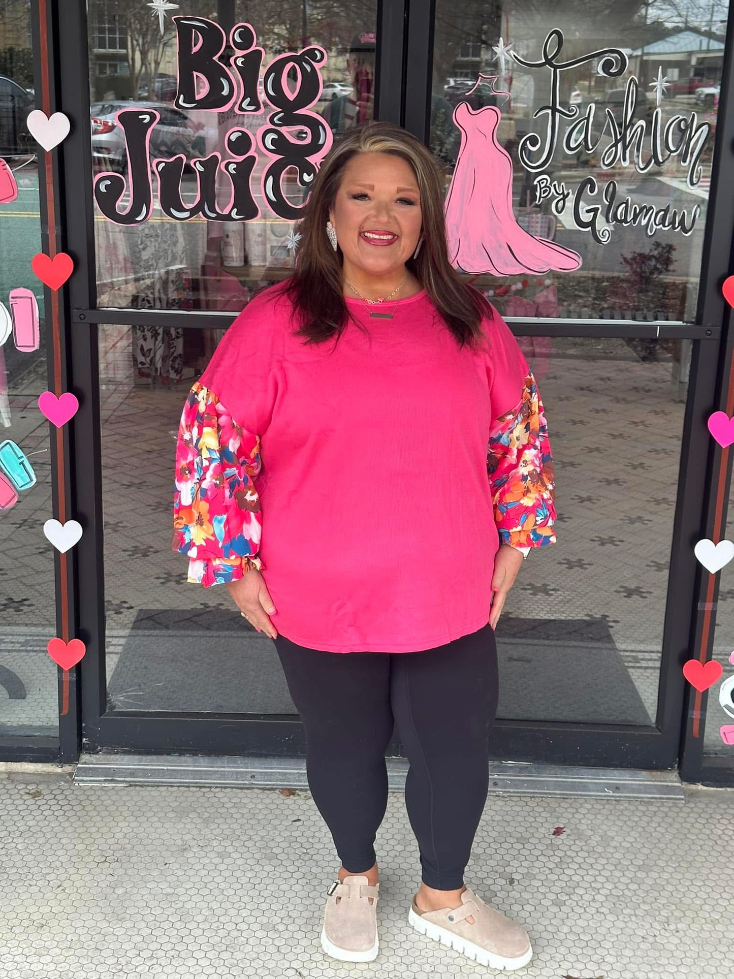 Bright Pink Floral Patchwork Flounce Sleeve Plus Knit Top