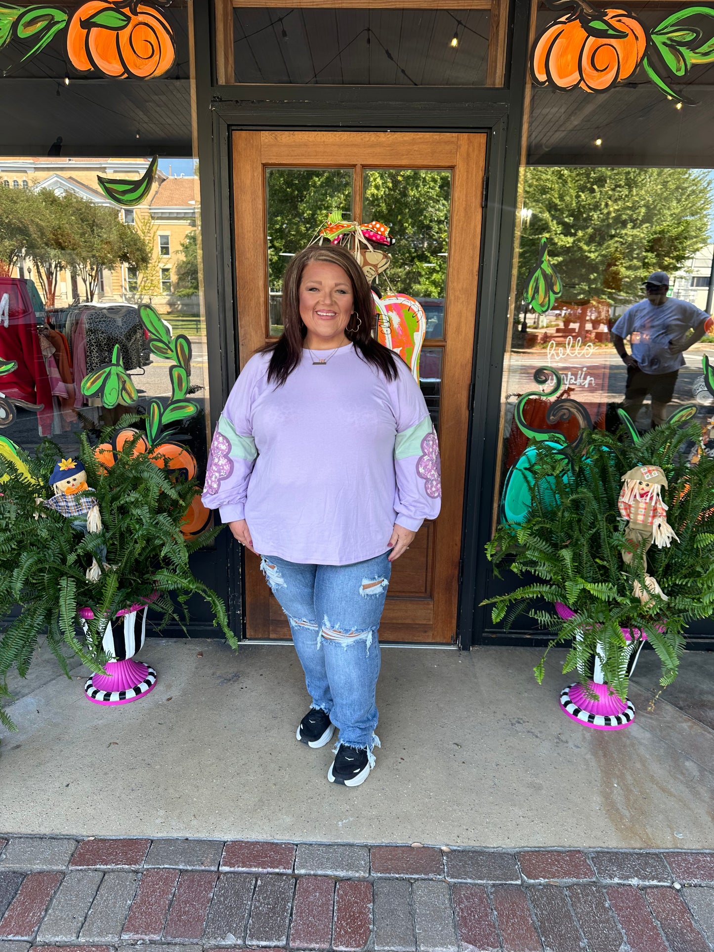 Phalaenopsis Flower Patched Colorblock Plus Size Pullover Top