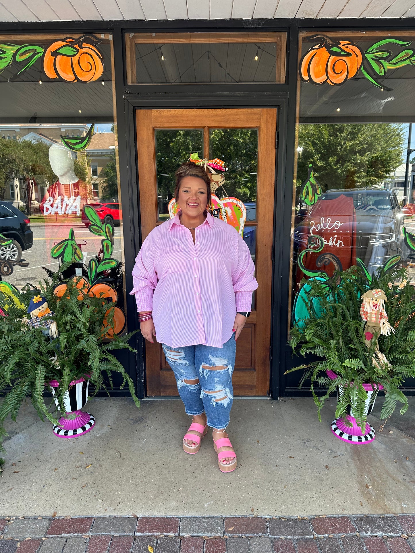 Pink Striped Pocket Button Up Plus Size Shirt